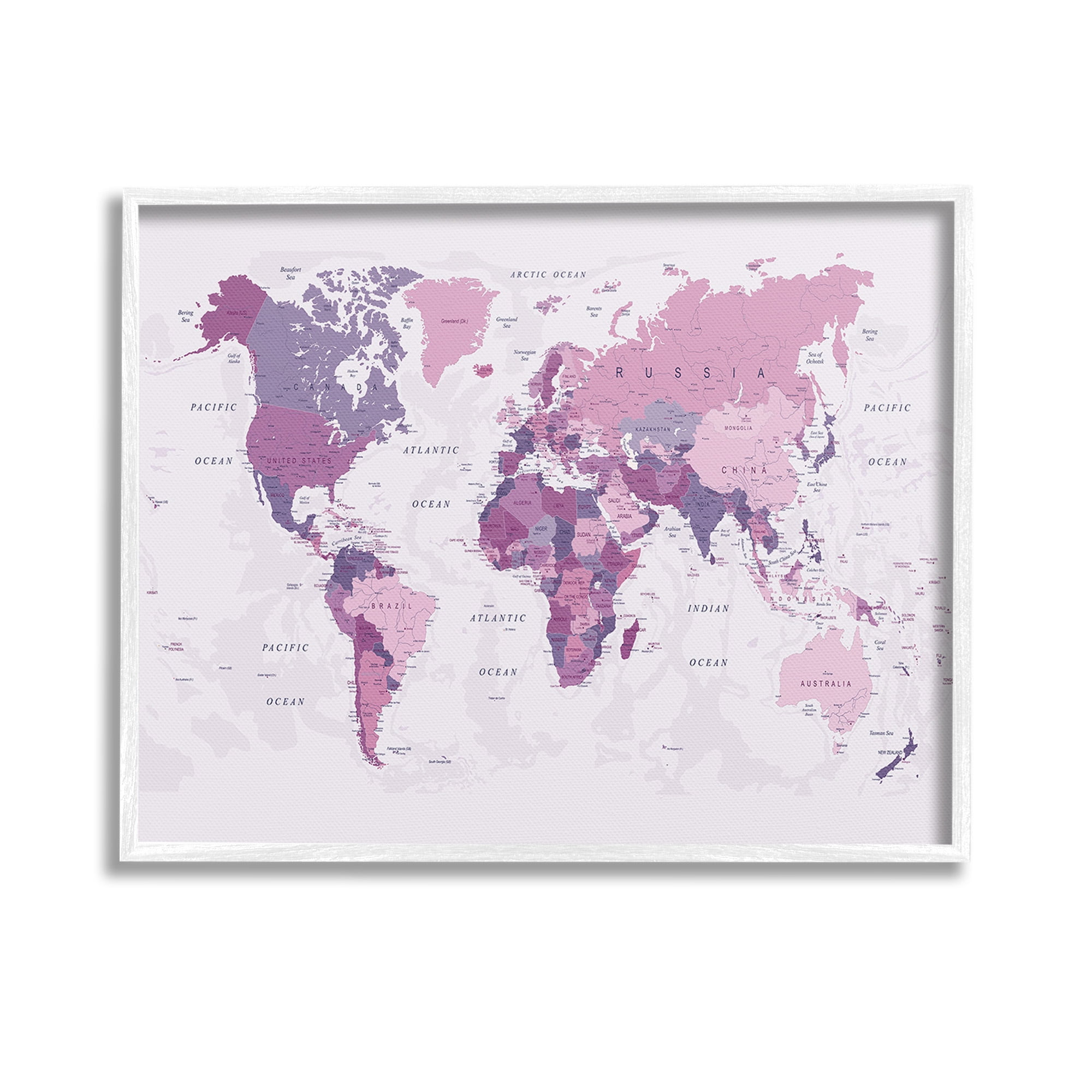 Stupell Industries Detailed Pink World Map Town & City Painting White Framed Art Print Wall Art, 14 x 11