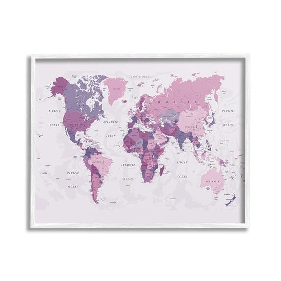 Stupell Industries Detailed Pink World Map Town & City Painting White Framed Art Print Wall Art, 20 x 16