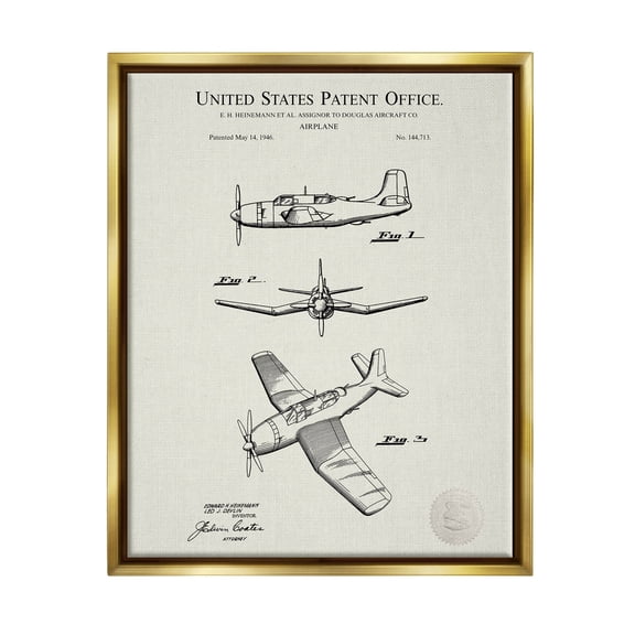 Stupell Industries Detailed Plane Aircraft Chart Graphic Art Metallic Gold Floating Framed Canvas Print Wall Art, Design by Karl Hronek