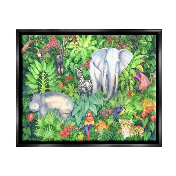 Stupell Industries Detailed Safari Animal Jungle Painting Jet Black Floating Framed Canvas Print Wall Art, Design by Paul Brent