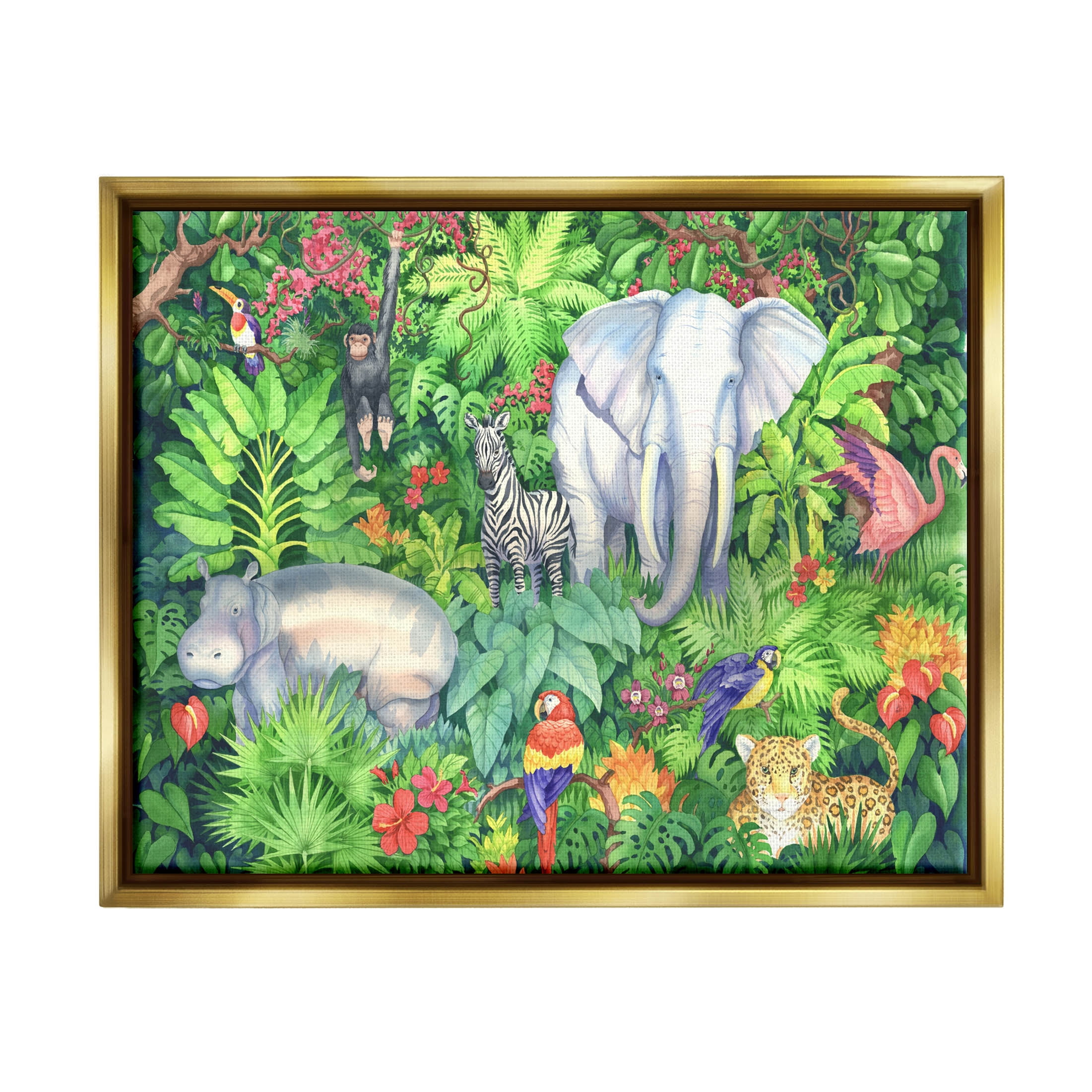 Detailed Safari Animal Jungle Print on Canvas with Gold Frame