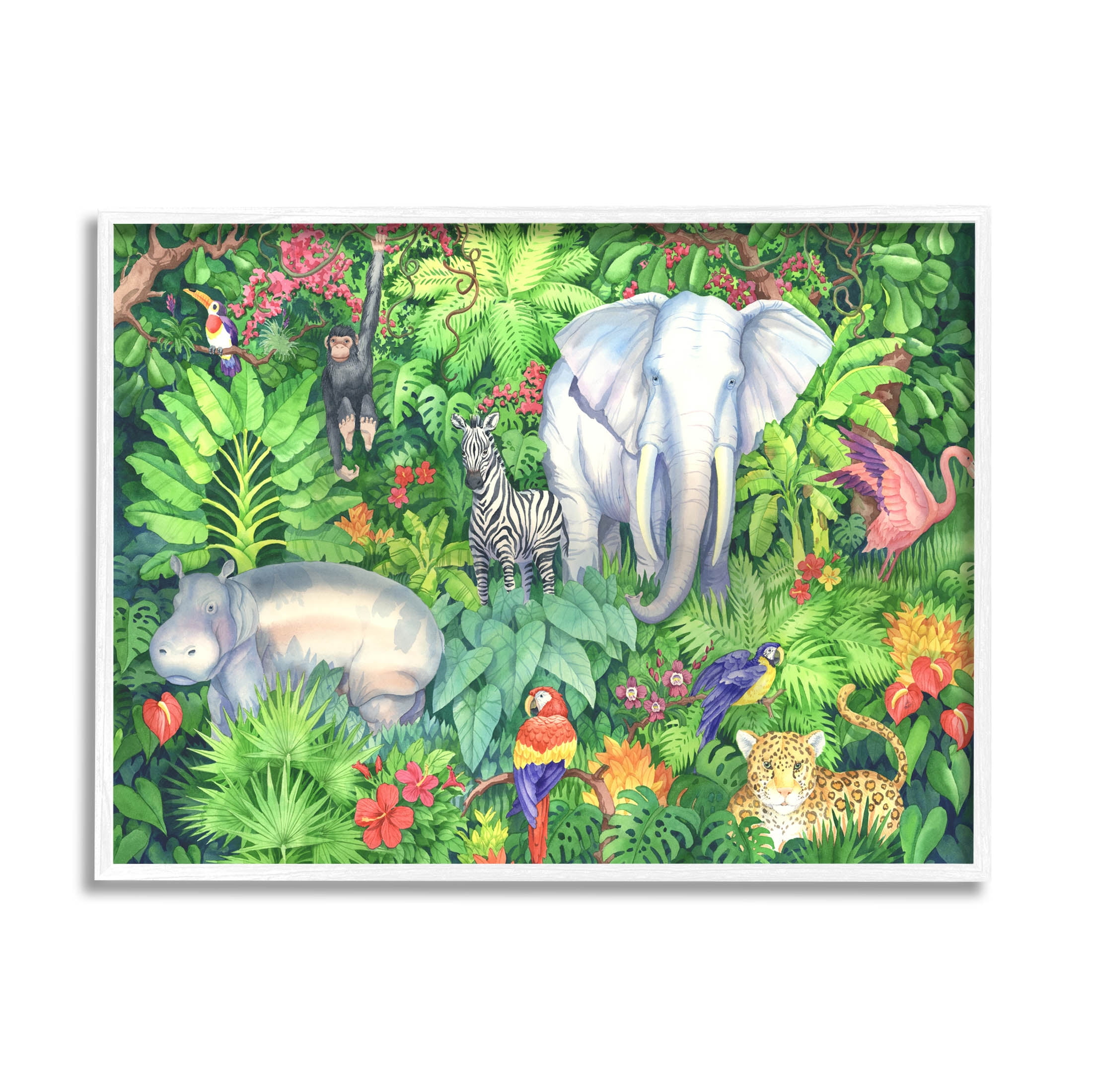 Colorful Safari Animal Jungle Print on Canvas with White Frame