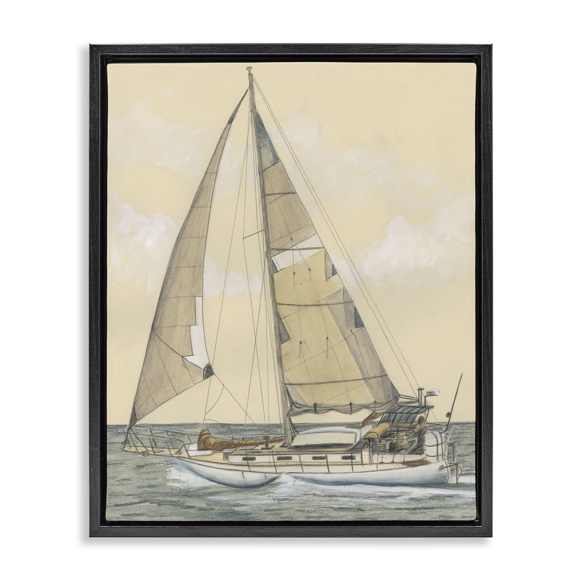 Stupell Industries Detailed Sailboat View Transportation Painting Black Floater Framed Canvas Art Print Wall Art, 17 x 21