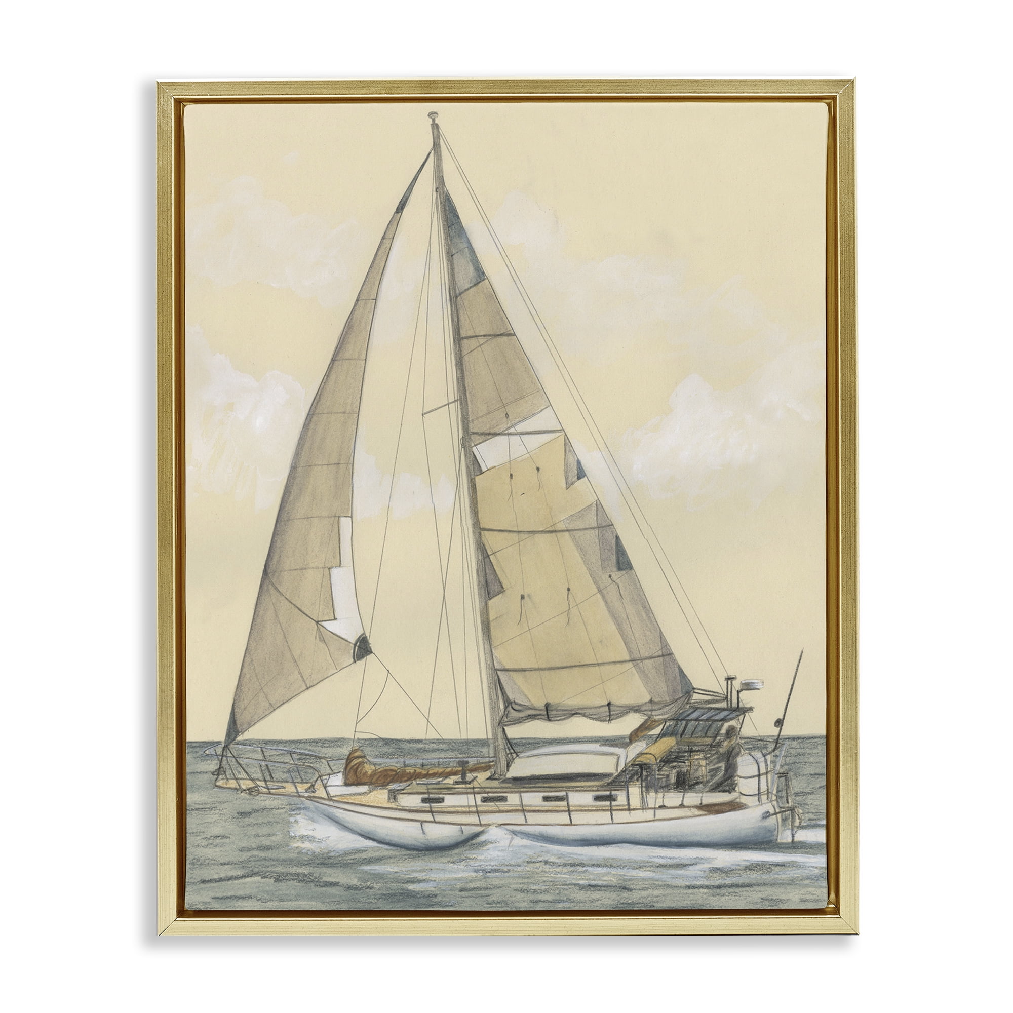Stupell Industries Detailed Sailboat View Transportation Painting Gold Floater Framed Canvas Art Print Wall Art, 17 x 21