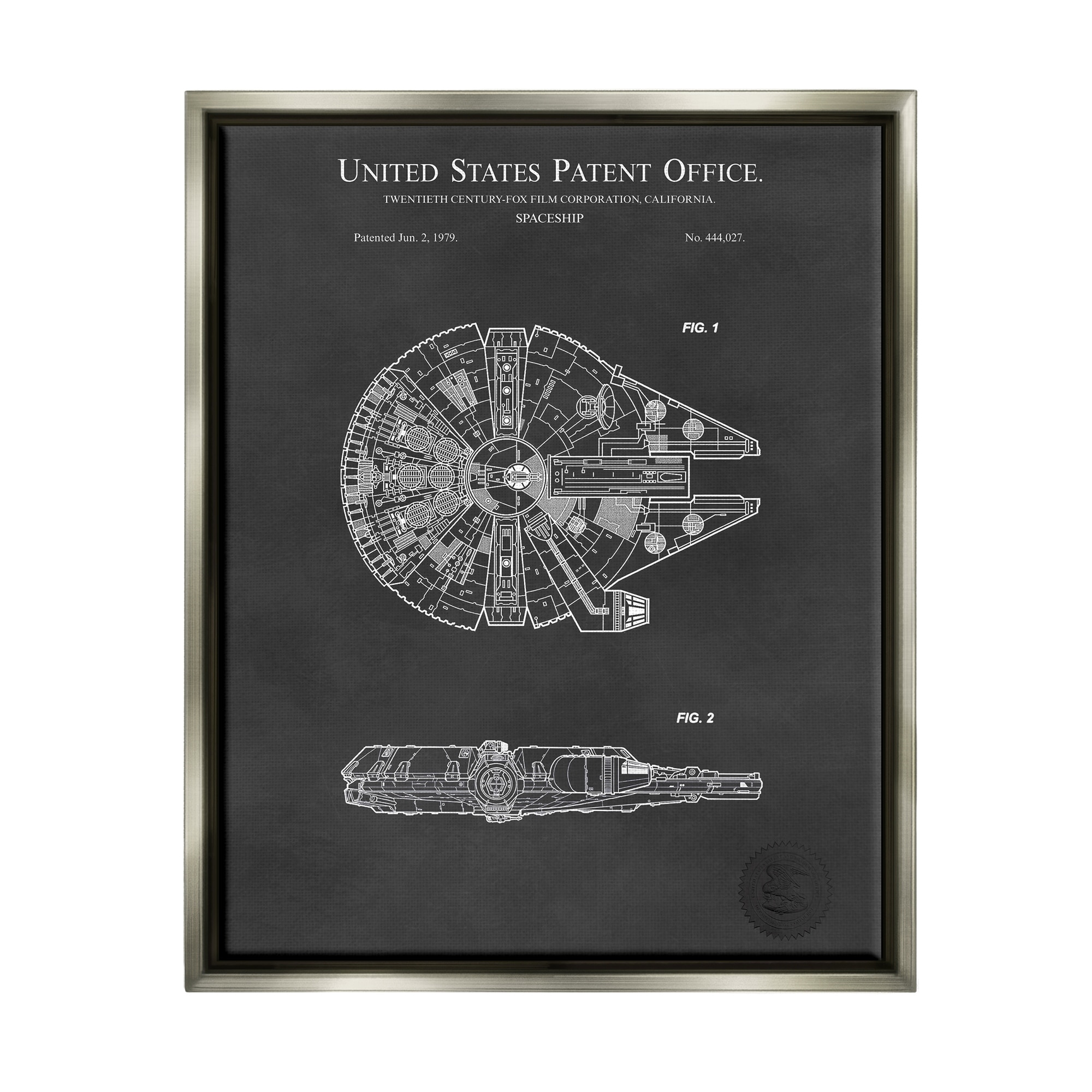 Stupell Industries Detailed Sci-fi Spacecraft Representation Blueprint Diagram Luster Gray Framed Floating Canvas Wall Art, 24x30, by Karl Hronek