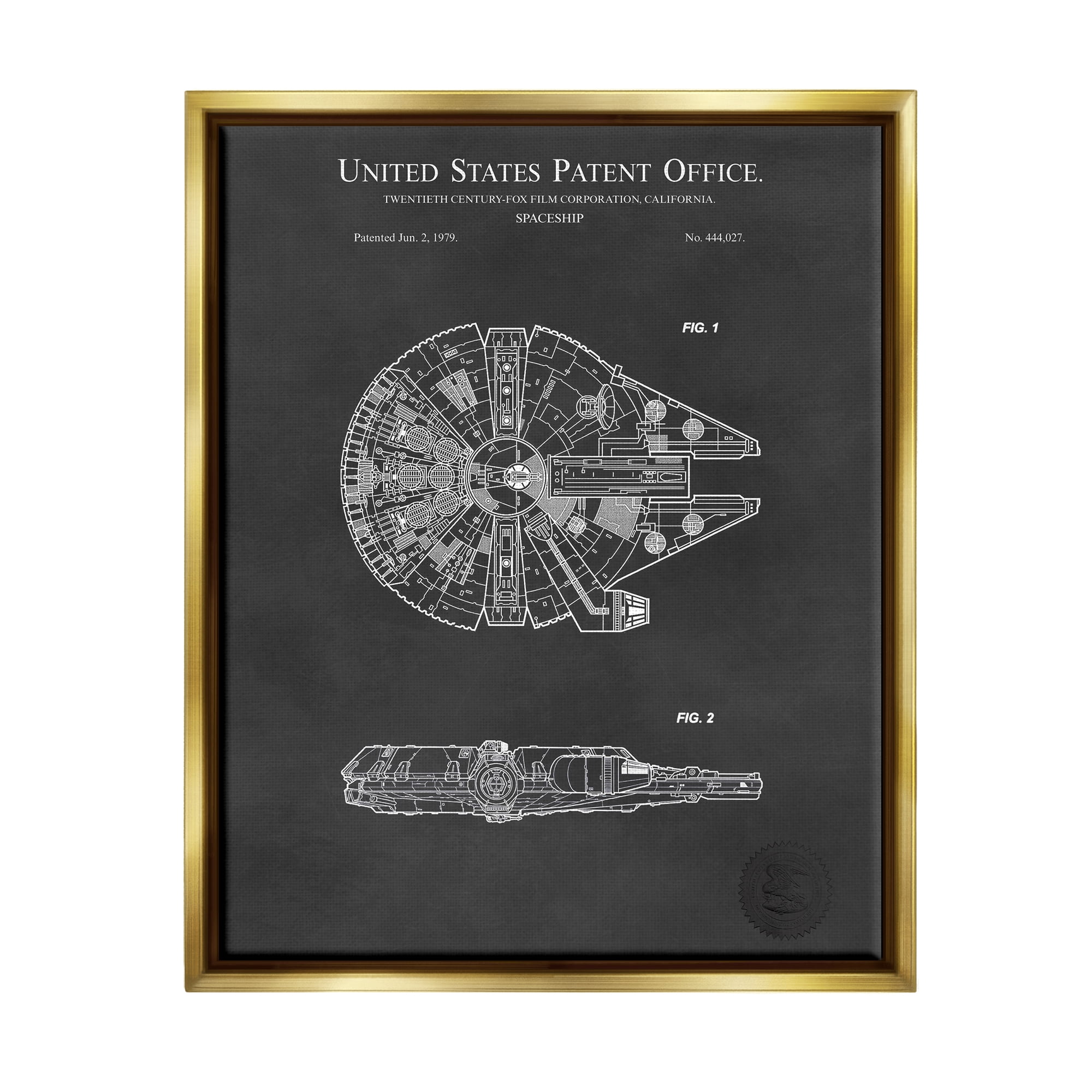 Stupell Industries Detailed Sci-fi Spacecraft Representation Blueprint Diagram Metallic Gold Framed Floating Canvas Wall Art, 16x20, by Karl Hronek
