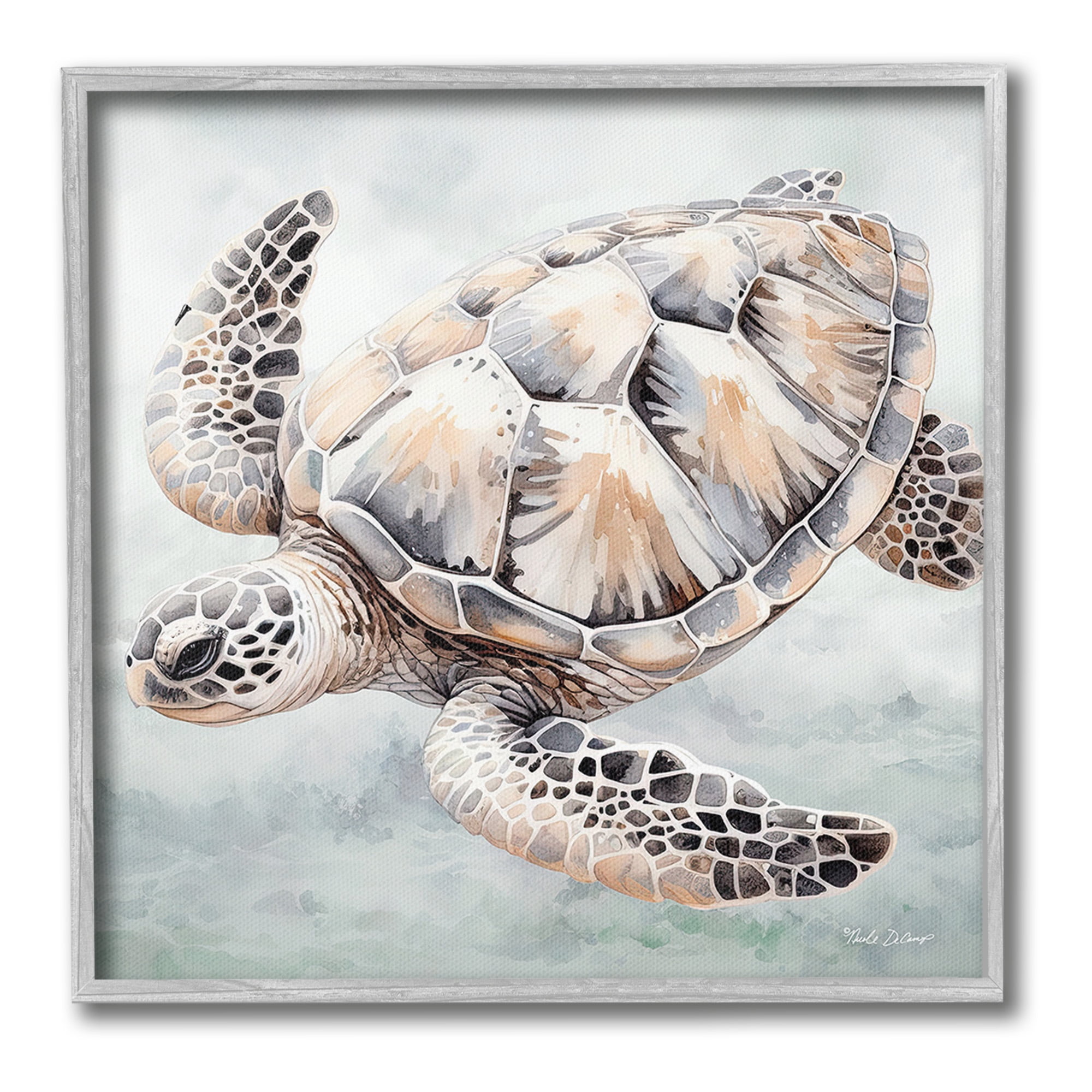 Stupell Industries Detailed Sea Turtle Animals & Insects Painting Gray Framed Art Print Wall Art, 17 x 17