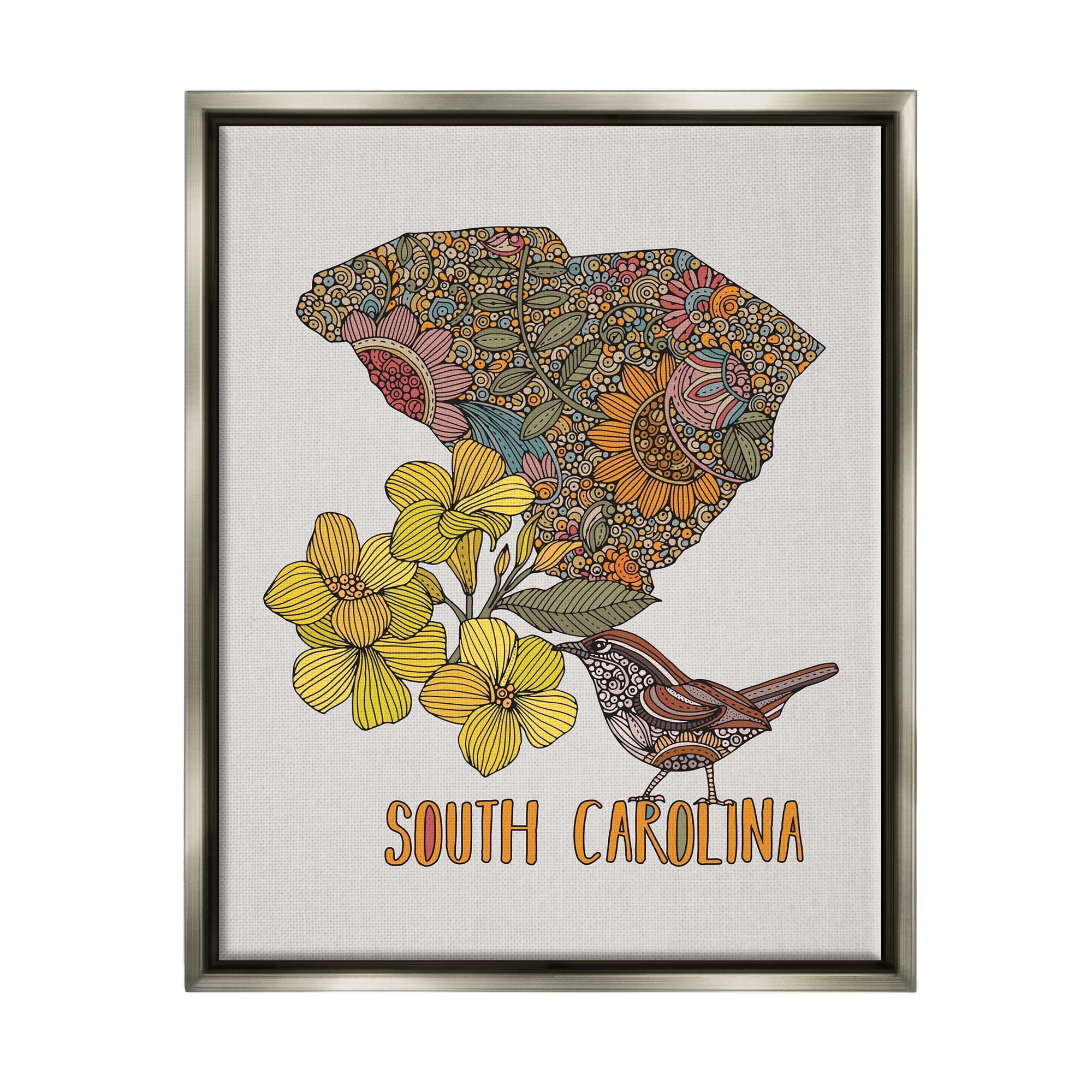 Stupell Industries Detailed South Carolina State Flower Blossoms Pattern Graphic Art Luster Gray Floating Framed Canvas Print Wall Art, Design by Valentina Harper