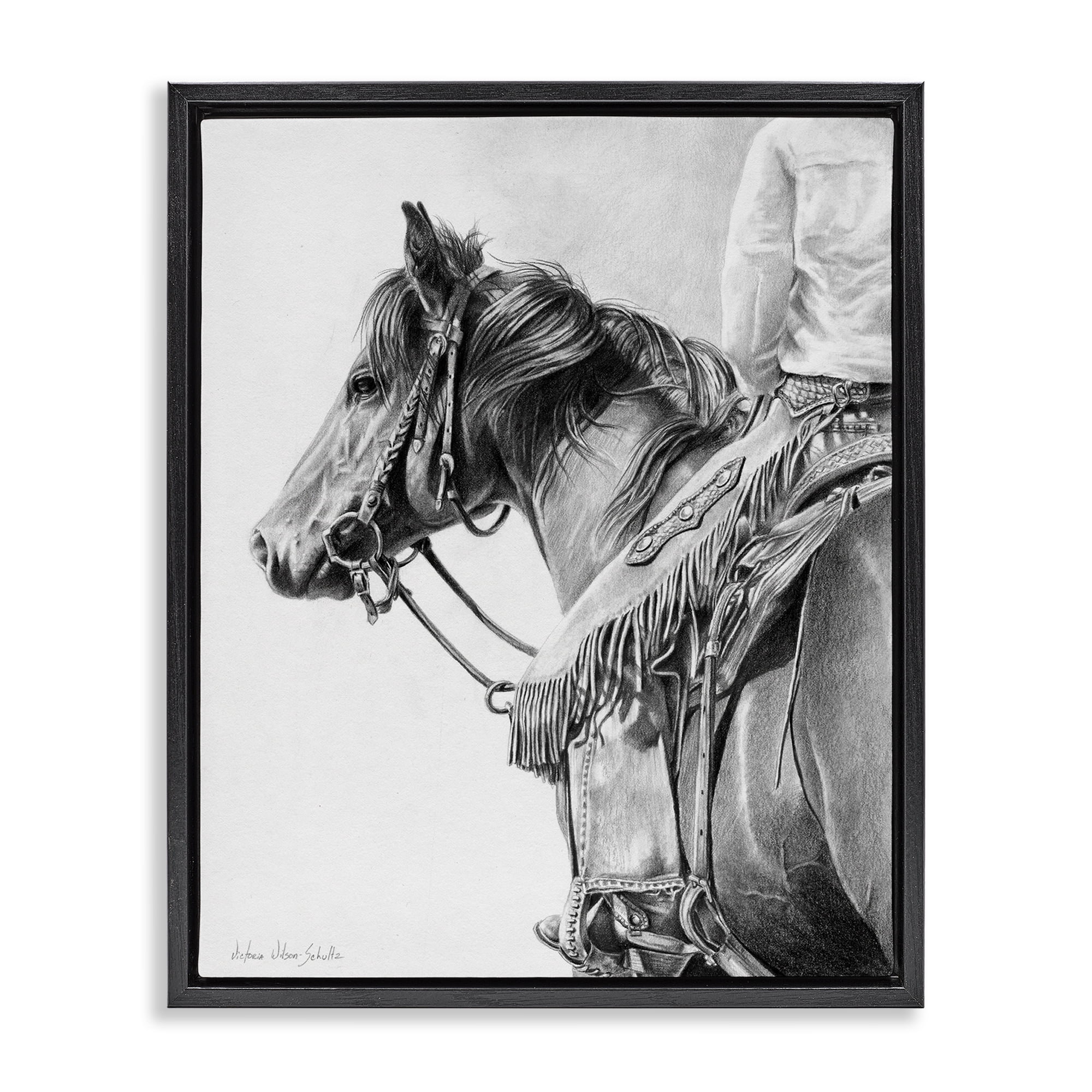 Stupell Industries Detailed Stallion & Cowboy Animals & Insects Drawing Black Floater Framed Canvas Art Print Wall Art, 25 x 31