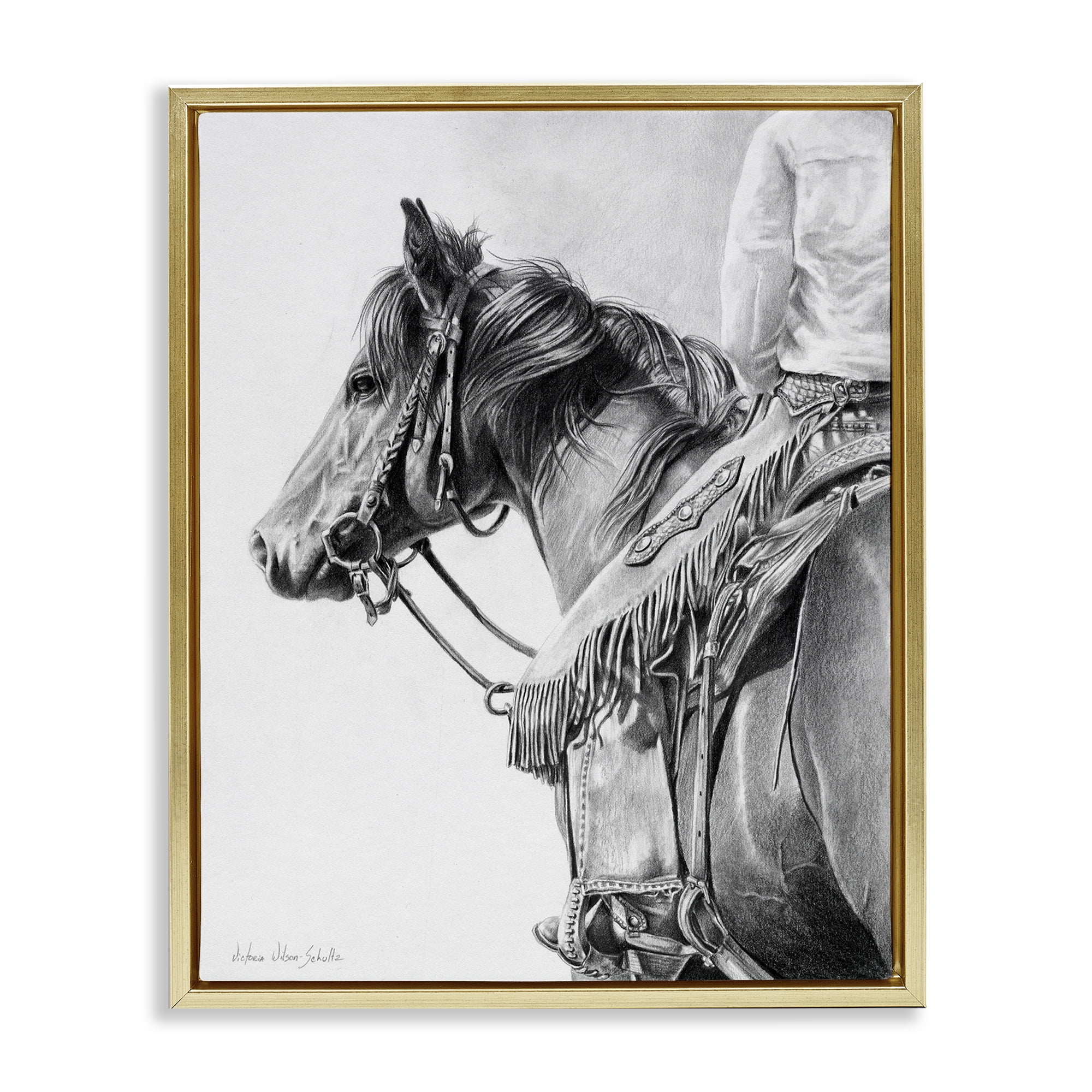 Stupell Industries Detailed Stallion & Cowboy Animals & Insects Drawing Gold Floater Framed Canvas Art Print Wall Art, 17 x 21
