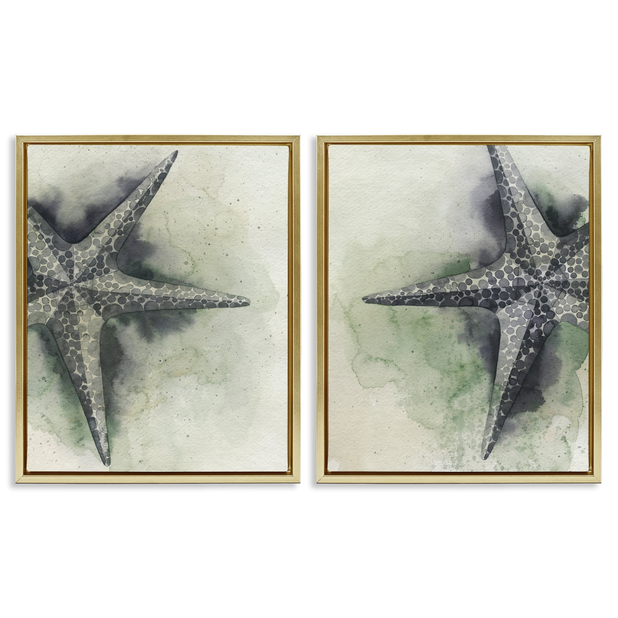Stupell Industries Detailed Starfish Sand Beach Nautical & Beach Painting Gold Floater Framed Canvas Art Print Wall Art, 31 x 25, Set of 2
