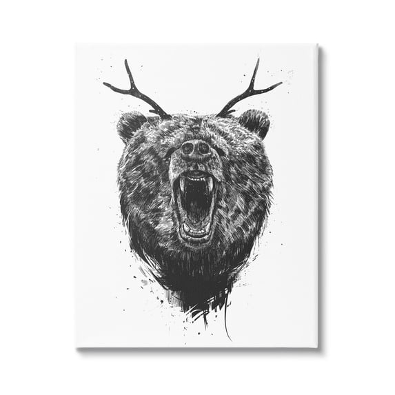 Stupell Industries Detailed Surreal Bear Roaring Antlers Monochrome Canvas Wall Art, 16 x 20, Design by Balazs Solti