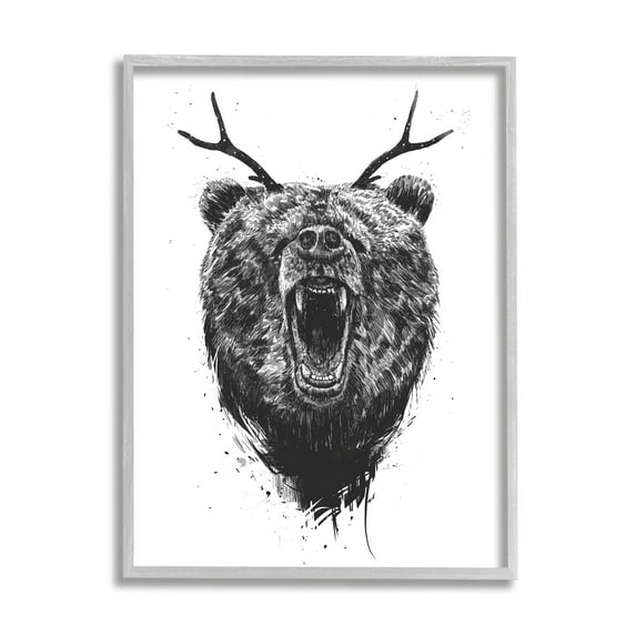 Stupell Industries Detailed Surreal Bear Roaring Antlers Monochrome Framed Wall Art, 11 x 14, Design by Balazs Solti