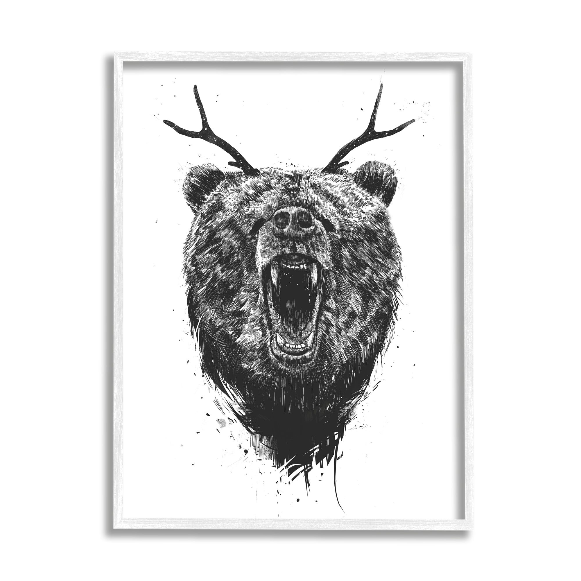 Stupell Industries Detailed Surreal Bear Roaring Antlers Monochrome Framed Wall Art, 24 x 30, Design by Balazs Solti