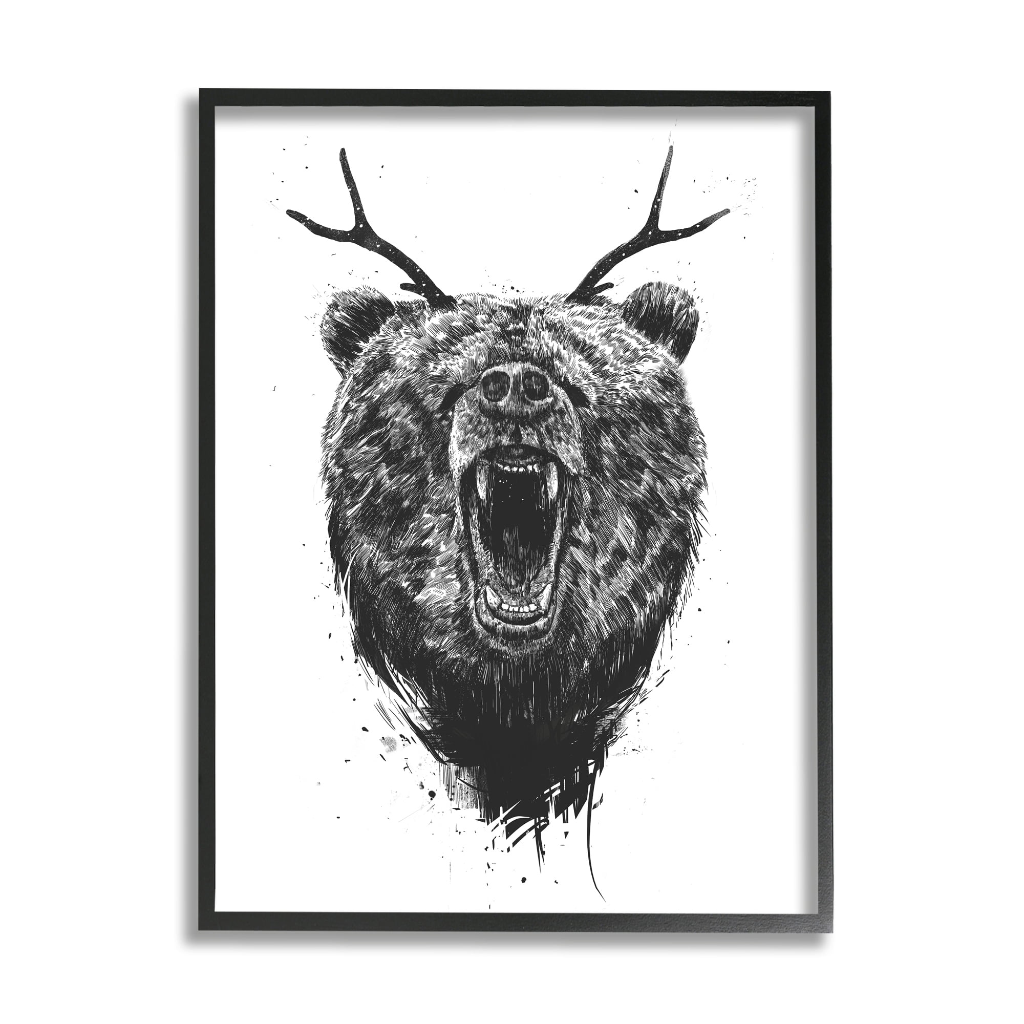 Stupell Industries Detailed Surreal Bear Roaring Antlers Monochrome Framed Wall Art, 24 x 30, Design by Balazs Solti