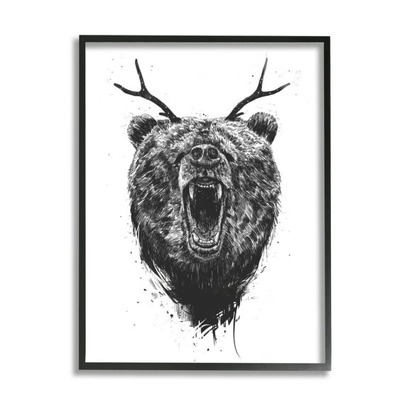 Stupell Industries Detailed Surreal Bear Roaring Antlers Monochrome Framed Wall Art, 24 x 30, Design by Balazs Solti