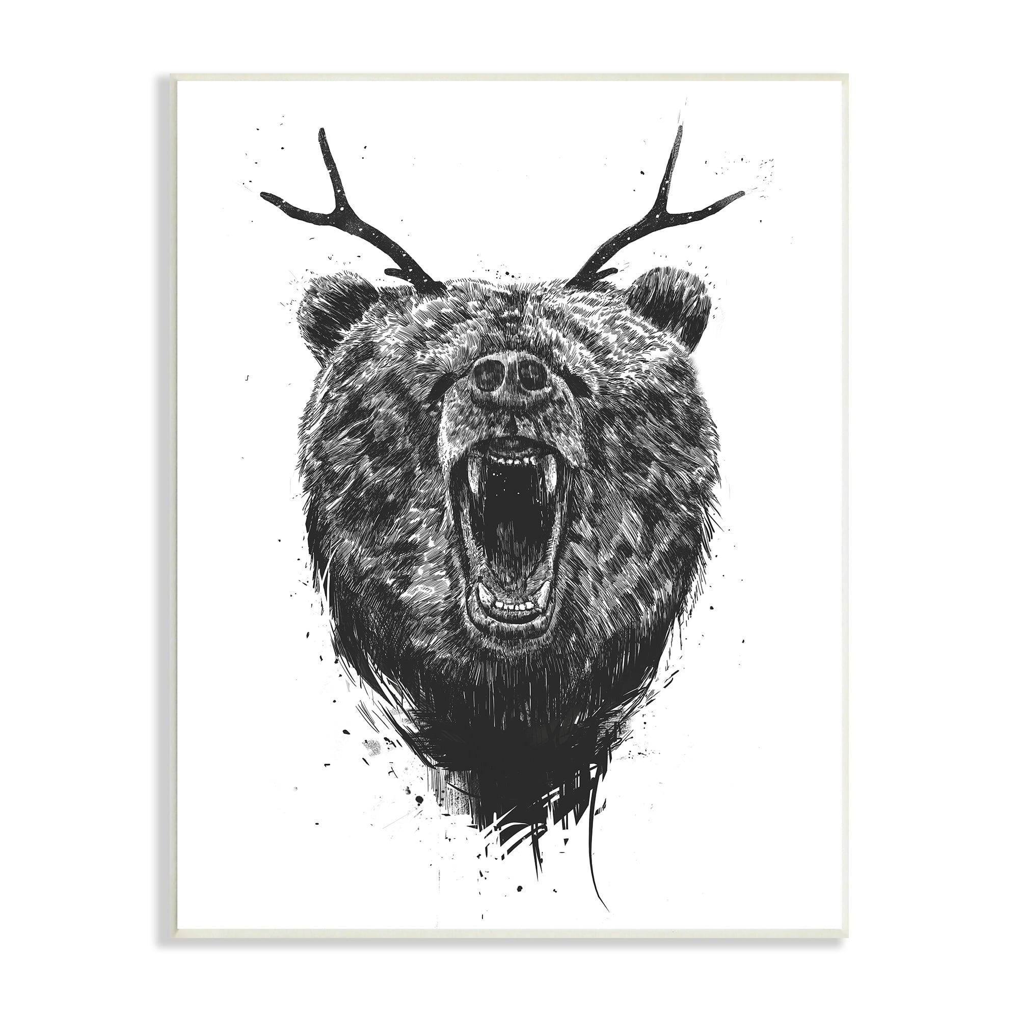 Stupell Industries Detailed Surreal Bear Roaring Antlers Monochrome Wood Wall Art, 10 x 15, Design by Balazs Solti