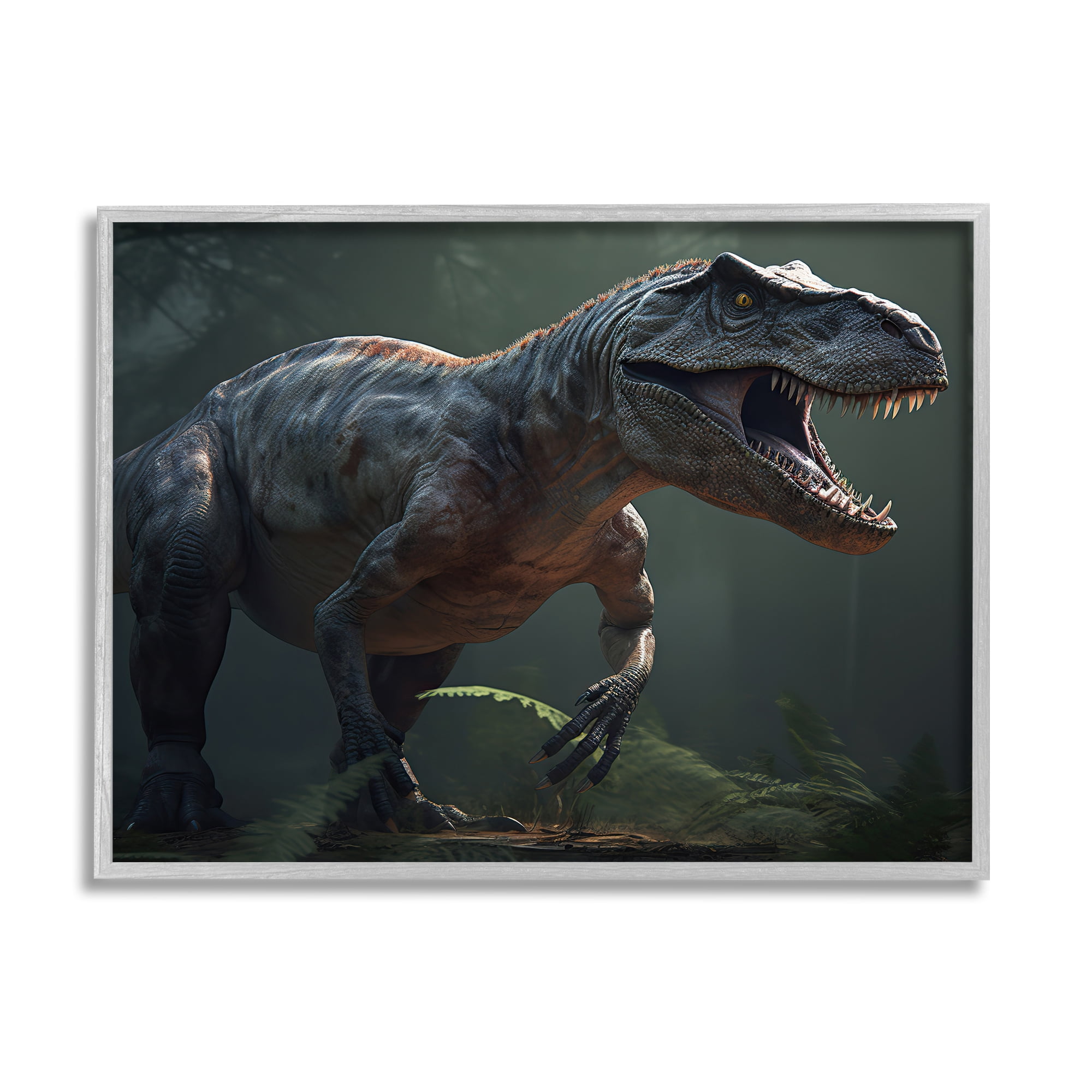 Stupell Industries Detailed T-Rex Portrait Animals & Insects Painting Gray Framed Art Print Wall Art, 20 x 16