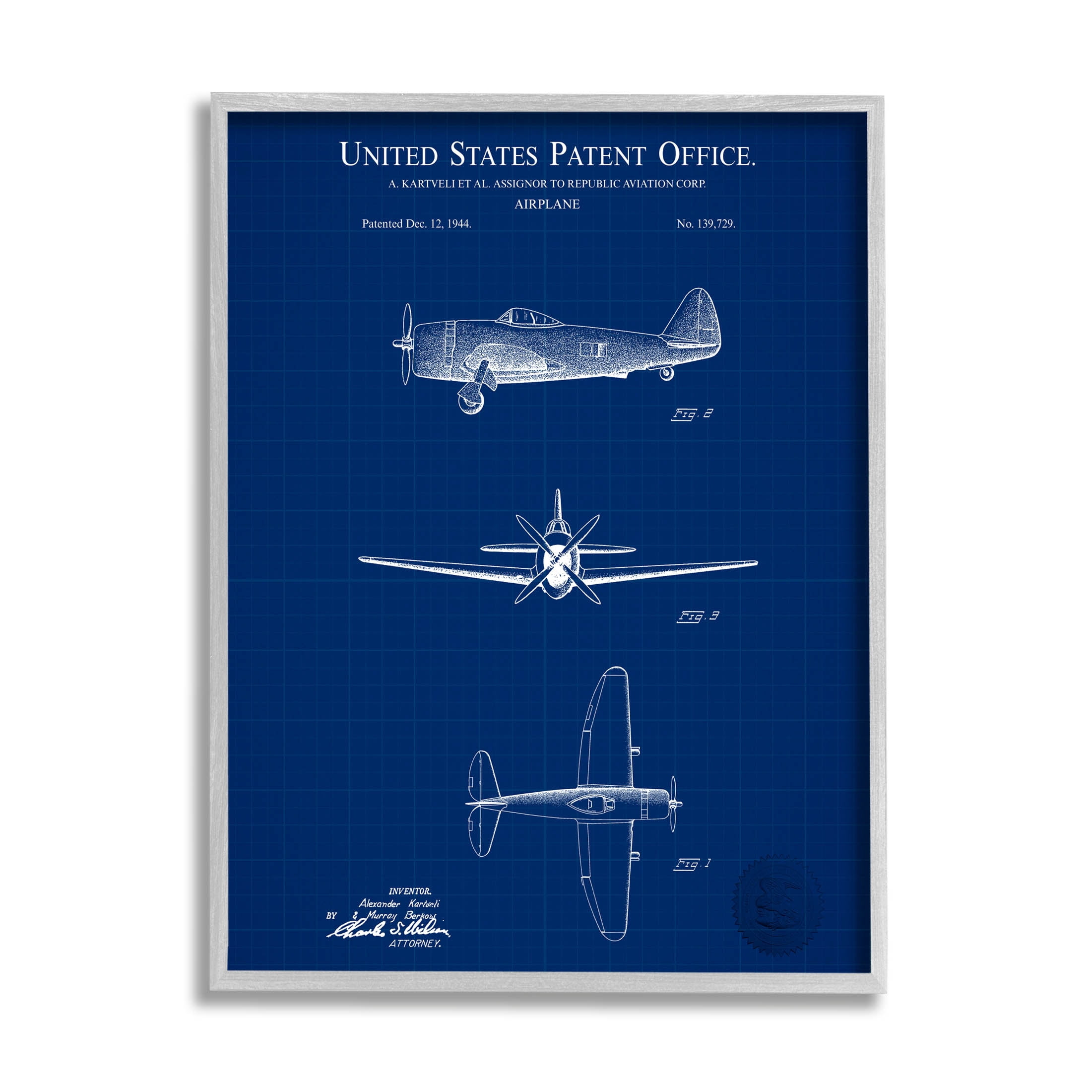 Stupell Industries Detailed US Airplane Blueprint Graphic Art Gray Framed Art Print Wall Art, Design by Karl Hronek