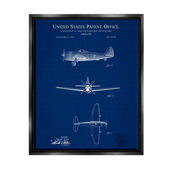 Stupell Industries Detailed US Airplane Blueprint Graphic Art Jet Black Floating Framed Canvas Print Wall Art, Design by Karl Hronek
