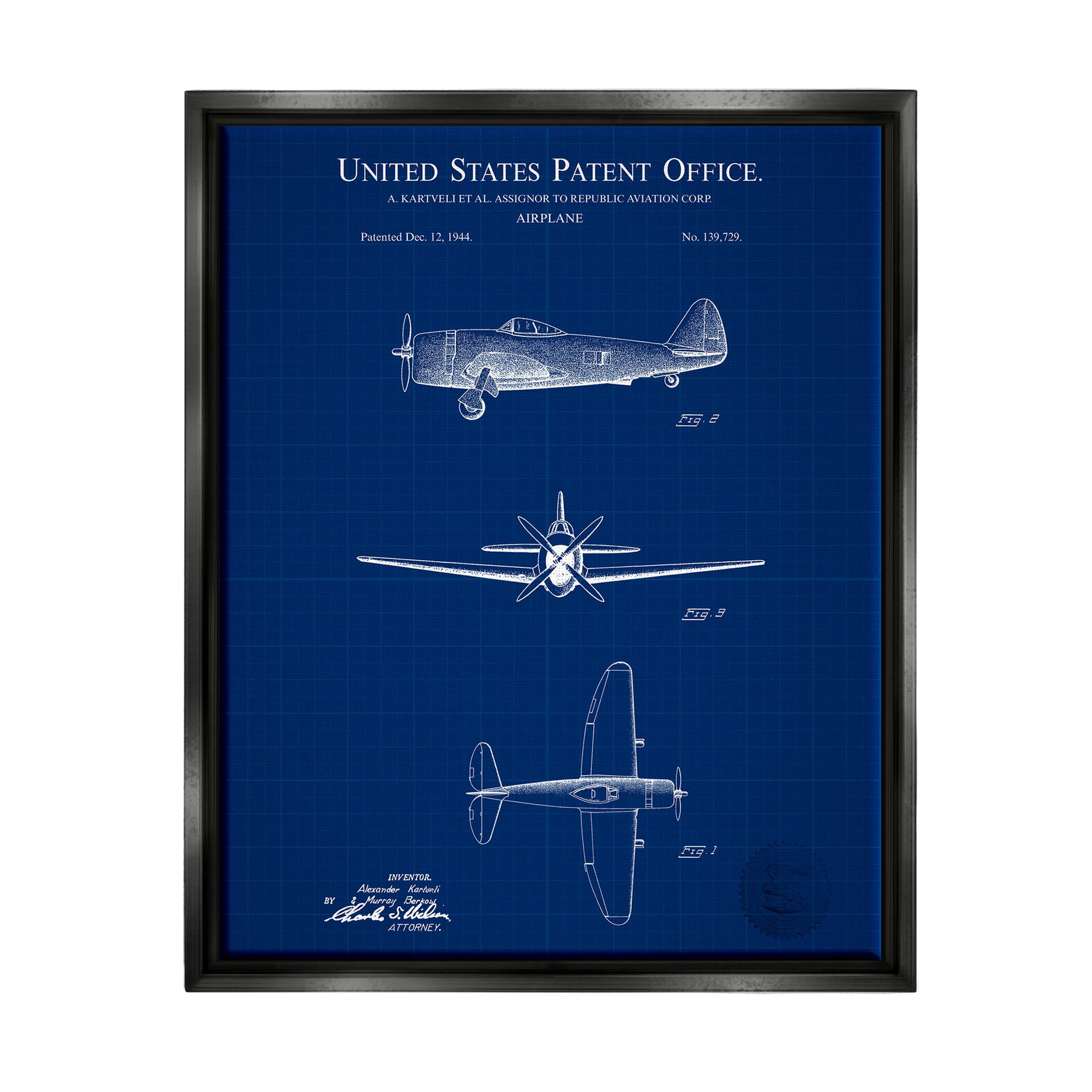 Stupell Industries Detailed US Airplane Blueprint Graphic Art Jet Black Floating Framed Canvas Print Wall Art, Design by Karl Hronek