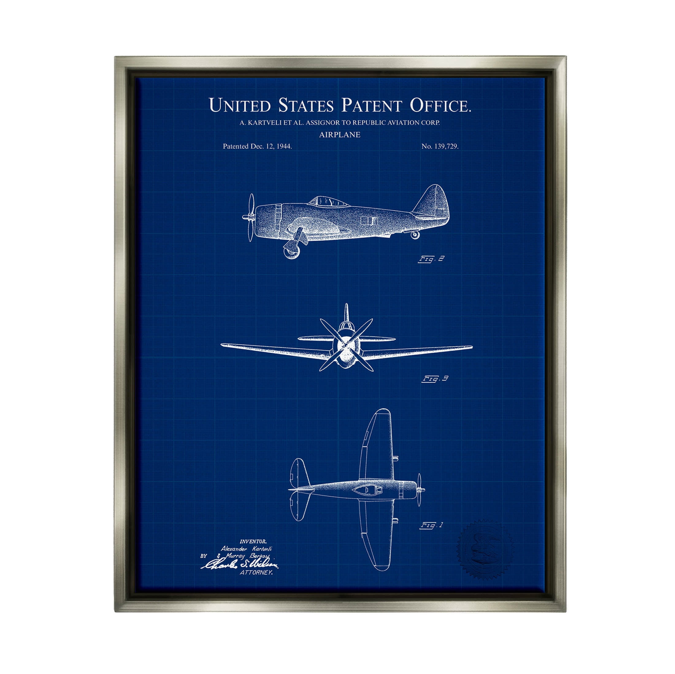 Stupell Industries Detailed US Airplane Blueprint Graphic Art Luster Gray Floating Framed Canvas Print Wall Art, Design by Karl Hronek