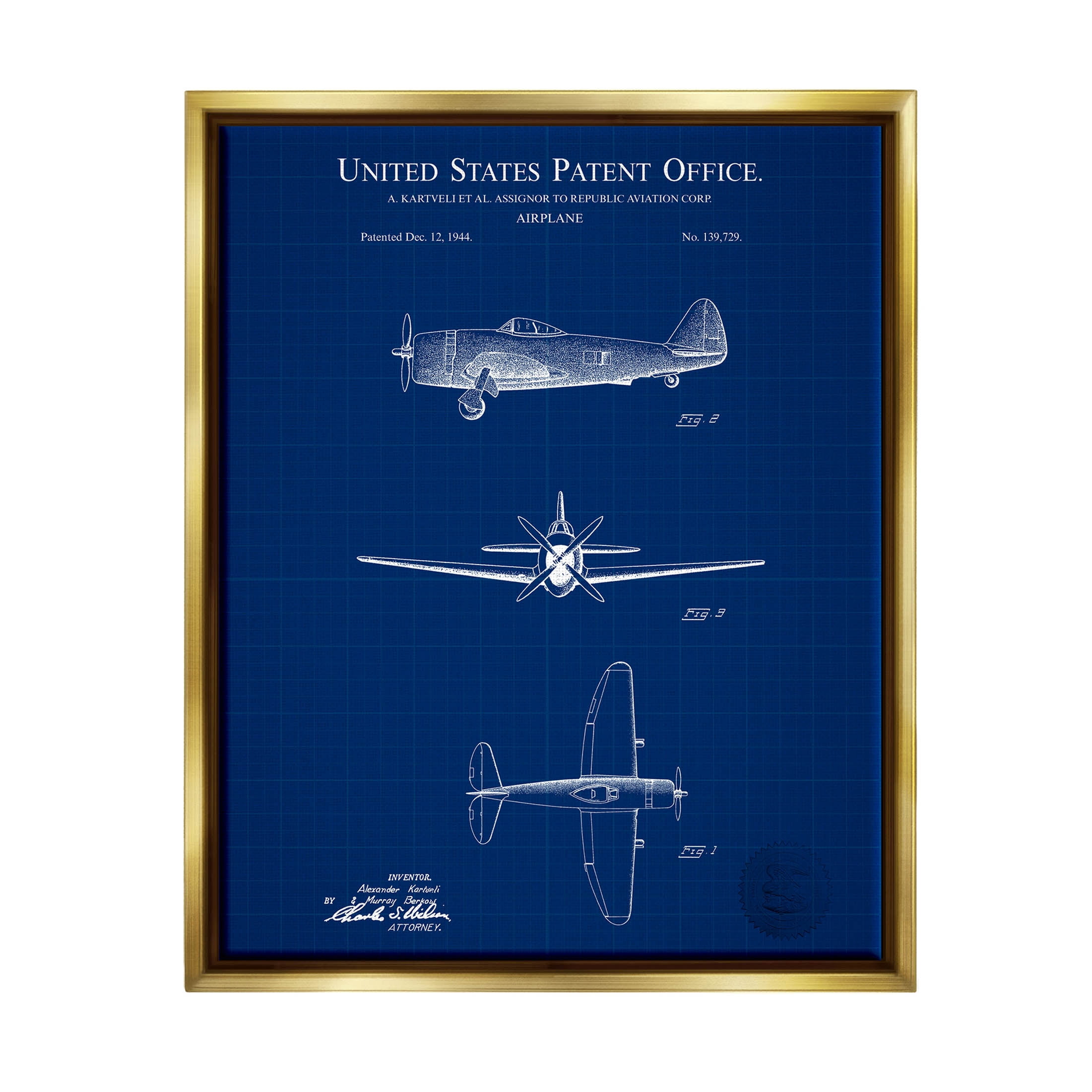 Stupell Industries Detailed US Airplane Blueprint Graphic Art Metallic Gold Floating Framed Canvas Print Wall Art, Design by Karl Hronek