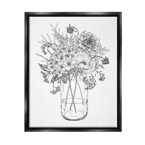 Stupell Industries Detailed Varied Flower Bouquet Blossoming Wildflower Blooms Graphic Art Jet Black Floating Framed Canvas Print Wall Art, Design by Lettered and Lined