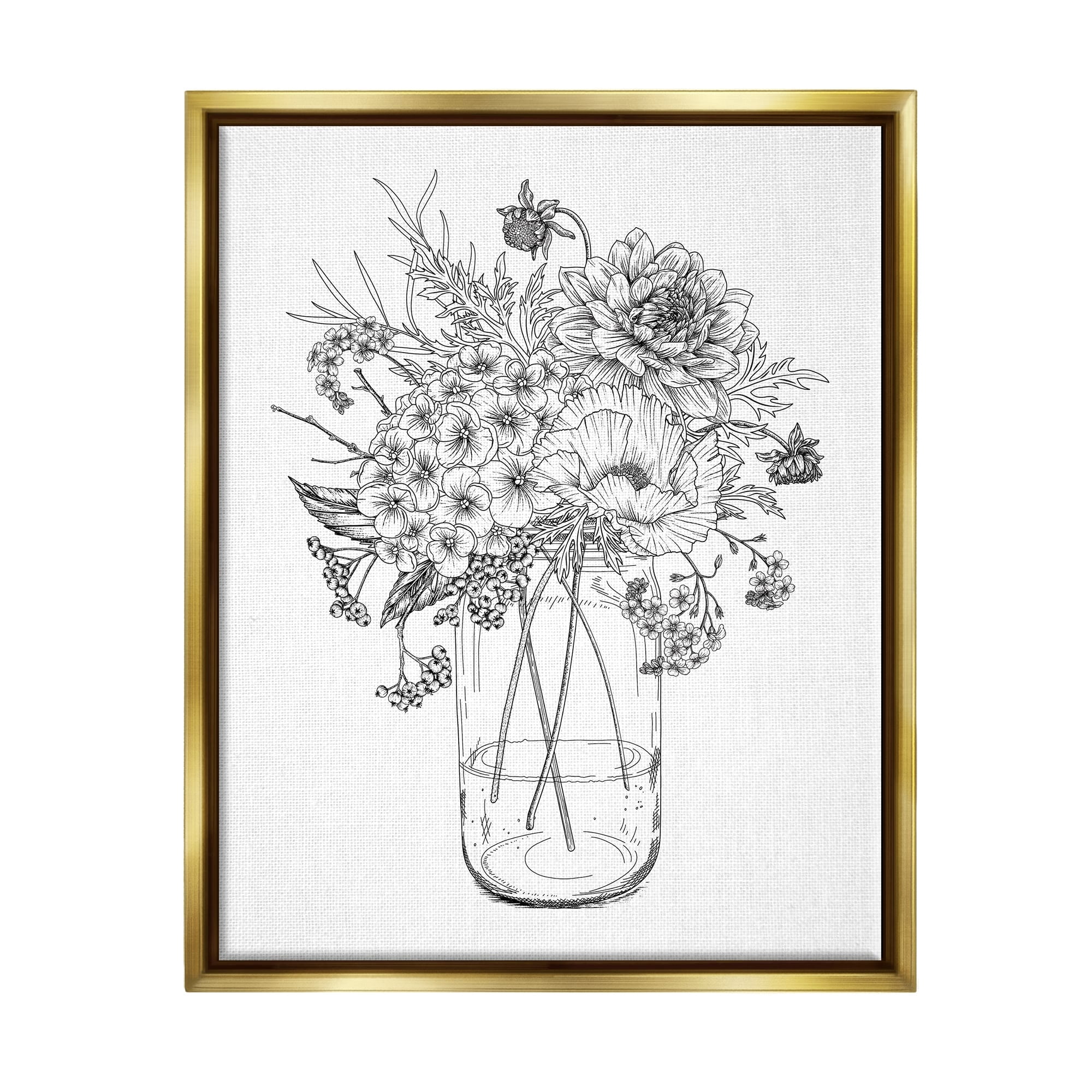 Stupell Industries Detailed Varied Flower Bouquet Blossoming Wildflower Blooms Graphic Art Metallic Gold Floating Framed Canvas Print Wall Art, Design by Lettered and Lined
