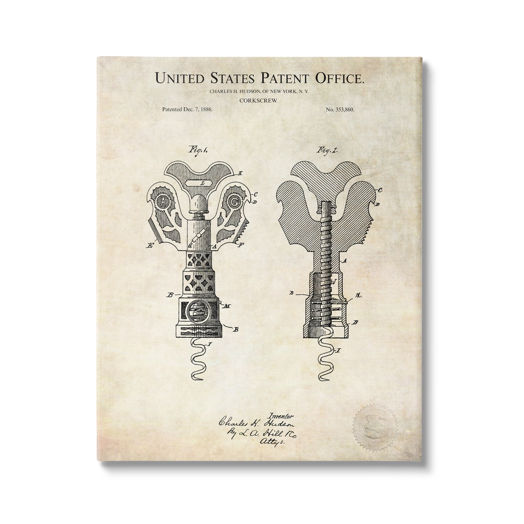 Stupell Industries Detailed Vintage Bottle Corkscrew Patent Blueprint Diagram Canvas Wall Art, 24 x 30, Design by Karl Hronek