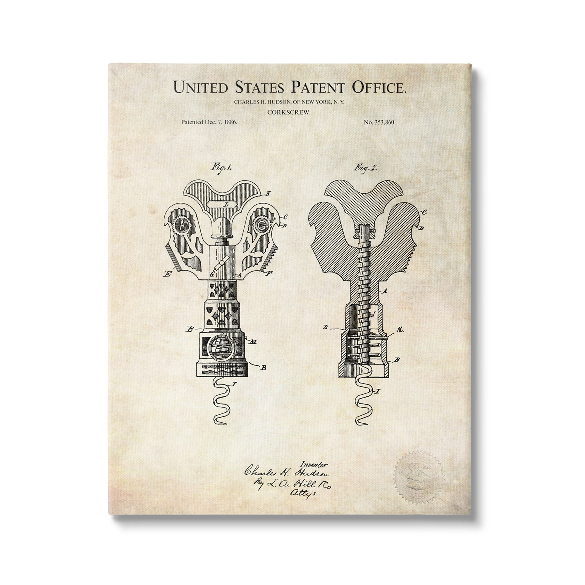 Stupell Industries Detailed Vintage Bottle Corkscrew Patent Blueprint Diagram Canvas Wall Art, 30 x 40, Design by Karl Hronek