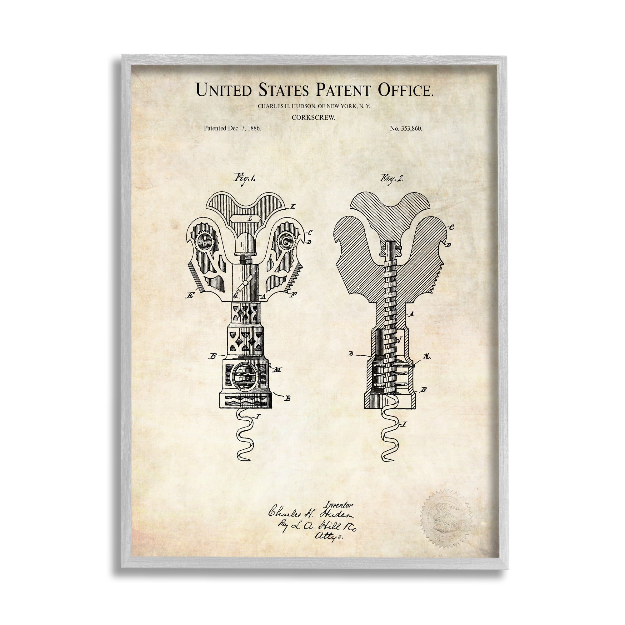 Stupell Industries Detailed Vintage Bottle Corkscrew Patent Blueprint Diagram Framed Wall Art, 11 x 14, Design by Karl Hronek