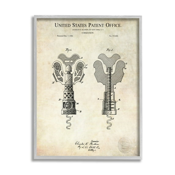 Stupell Industries Detailed Vintage Bottle Corkscrew Patent Blueprint Diagram Framed Wall Art, 16 x 20, Design by Karl Hronek