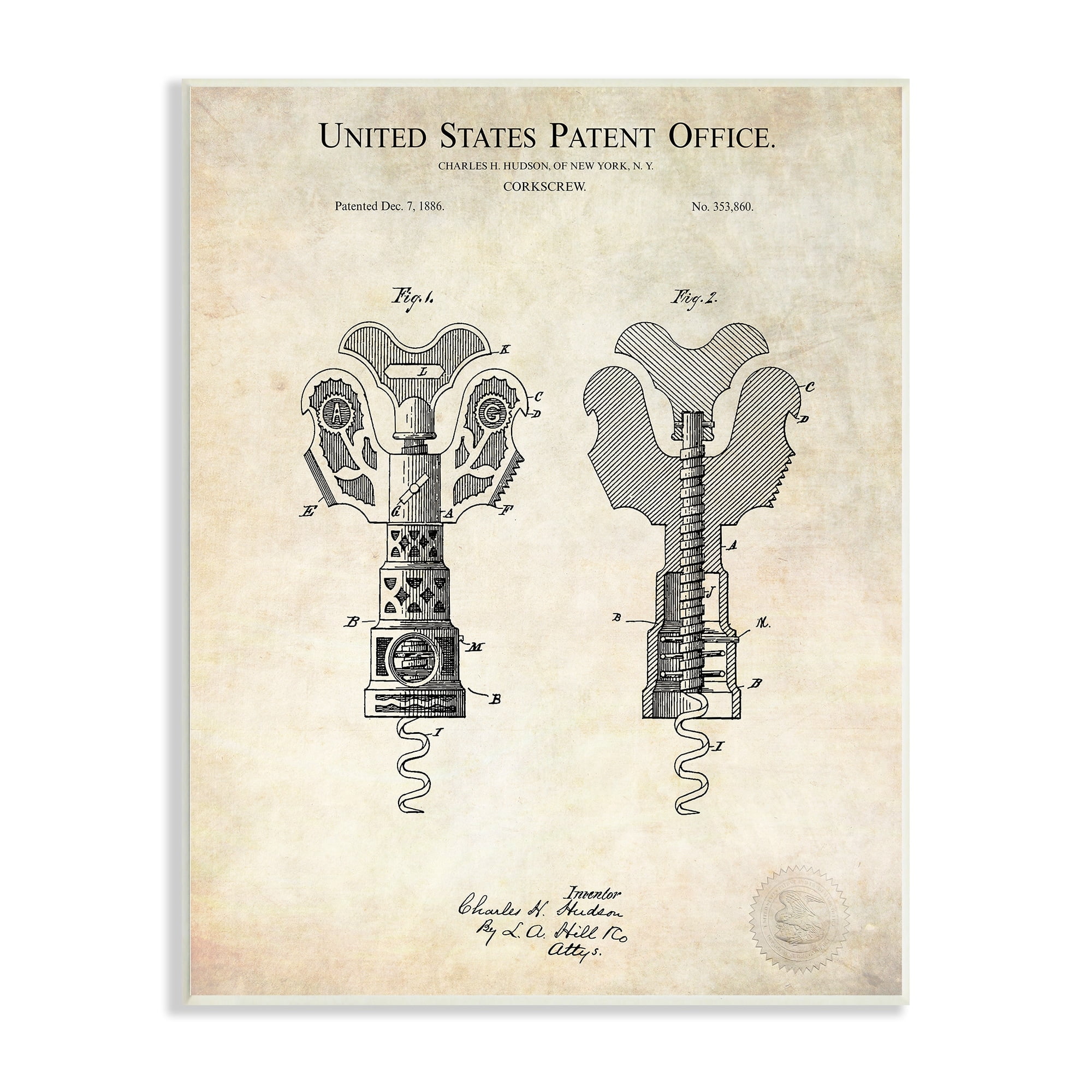 Stupell Industries Detailed Vintage Bottle Corkscrew Patent Blueprint Diagram Wood Wall Art, 13 x 19, Design by Karl Hronek
