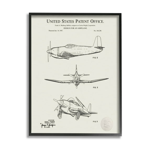 Stupell Industries Detailed Vintage Plane Patent Graphic Art Black Framed Art Print Wall Art, Design by Karl Hronek