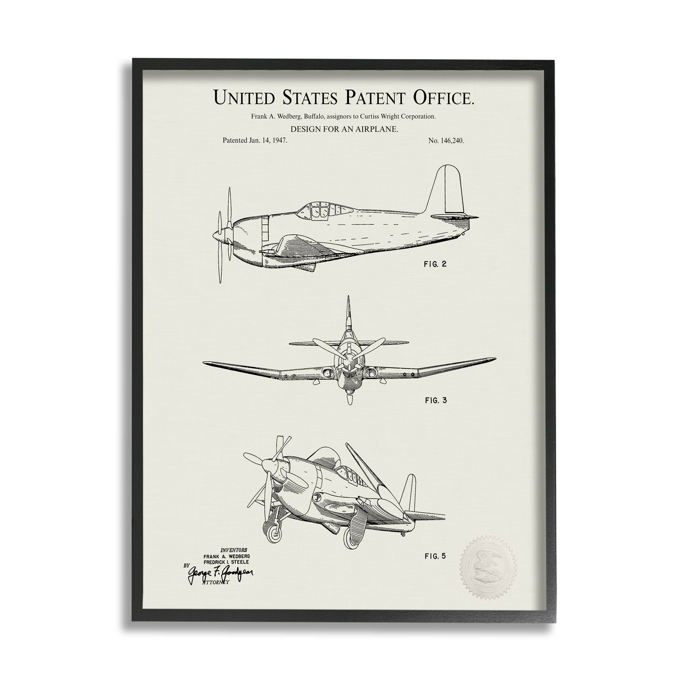 Stupell Industries Detailed Vintage Plane Patent Graphic Art Black Framed Art Print Wall Art, Design by Karl Hronek