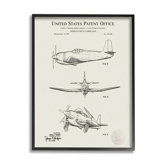 Stupell Industries Detailed Vintage Plane Patent Graphic Art Black Framed Art Print Wall Art, Design by Karl Hronek