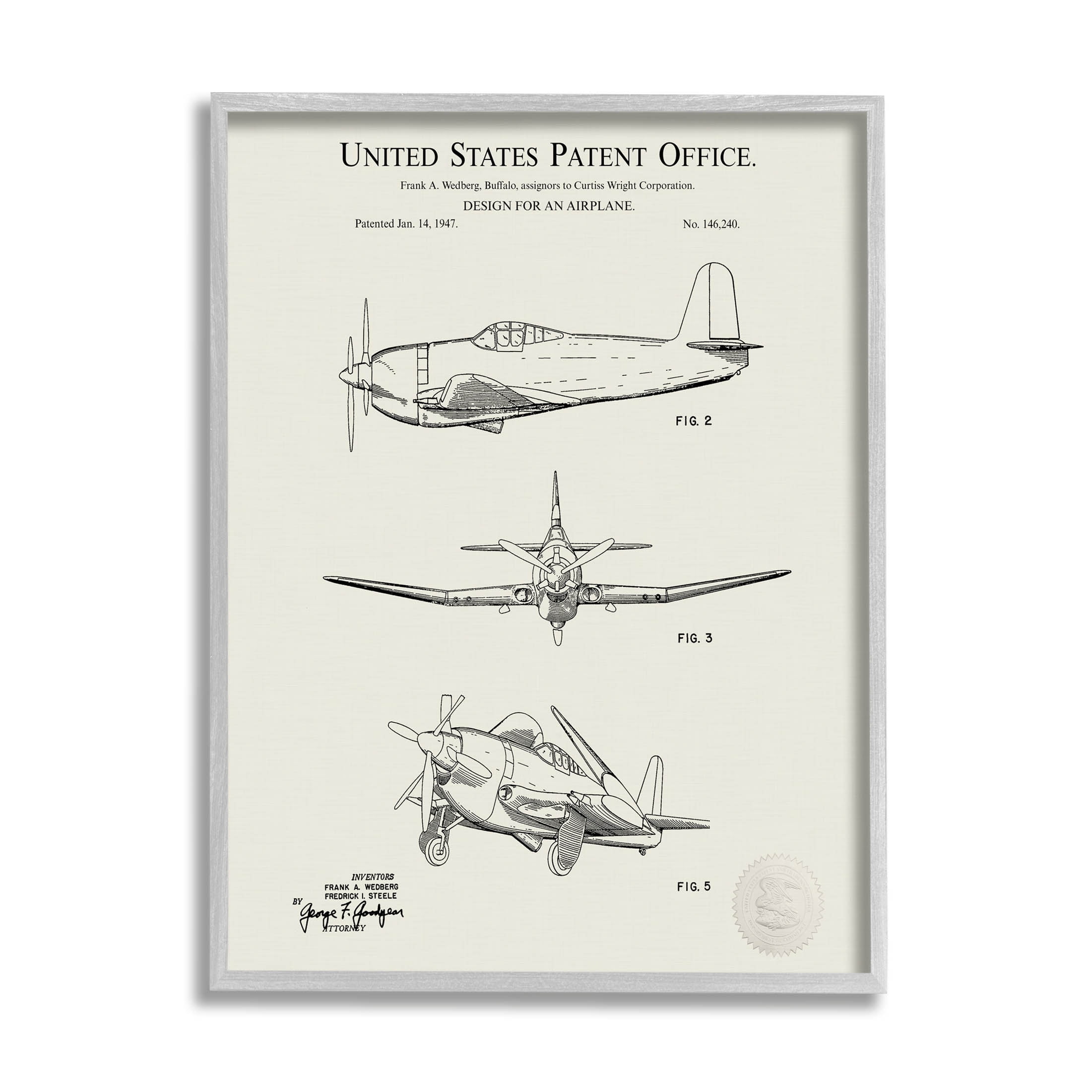 Stupell Industries Detailed Vintage Plane Patent Graphic Art Gray Framed Art Print Wall Art, Design by Karl Hronek