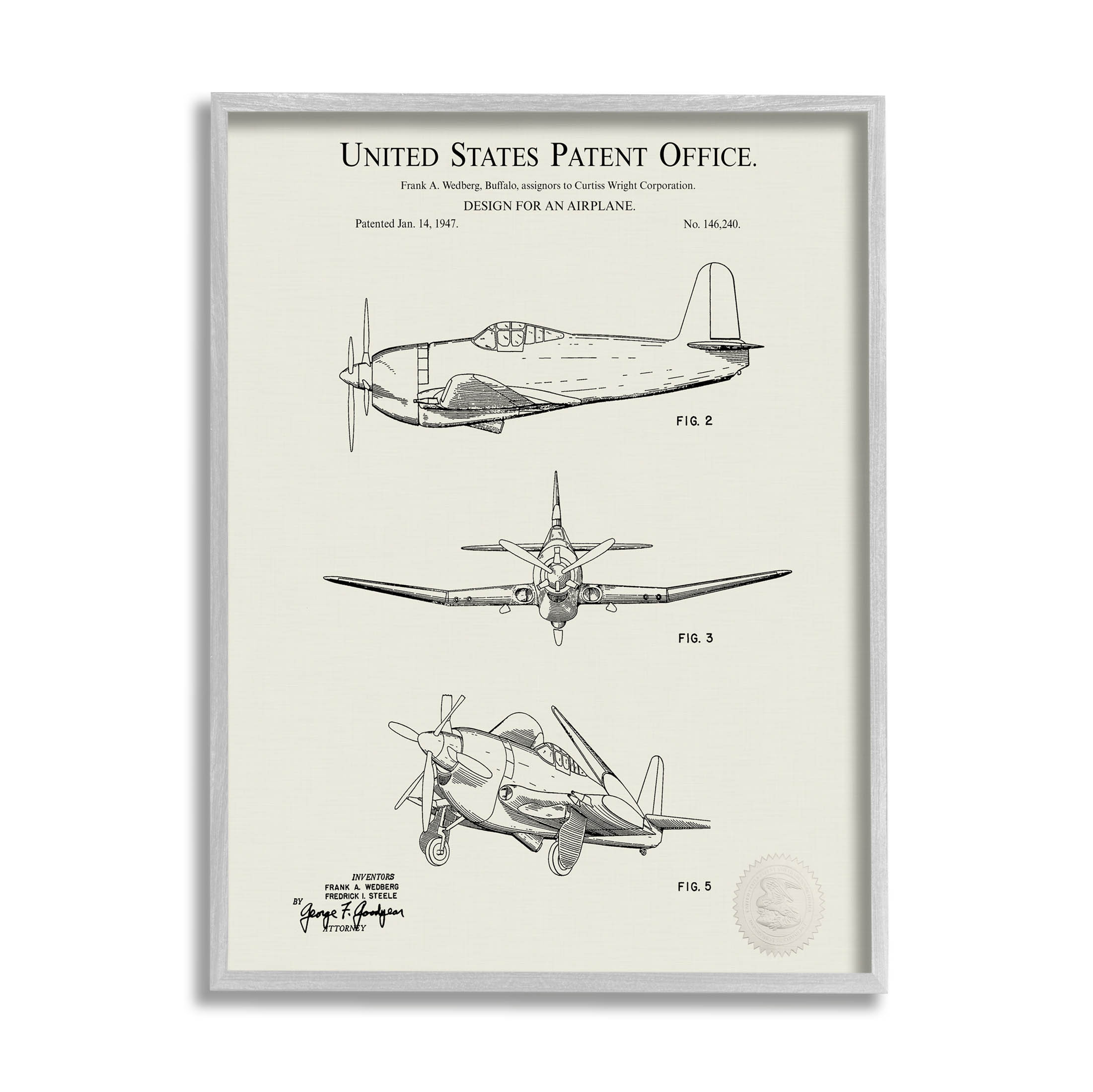 Stupell Industries Detailed Vintage Plane Patent Graphic Art Gray Framed Art Print Wall Art, Design by Karl Hronek