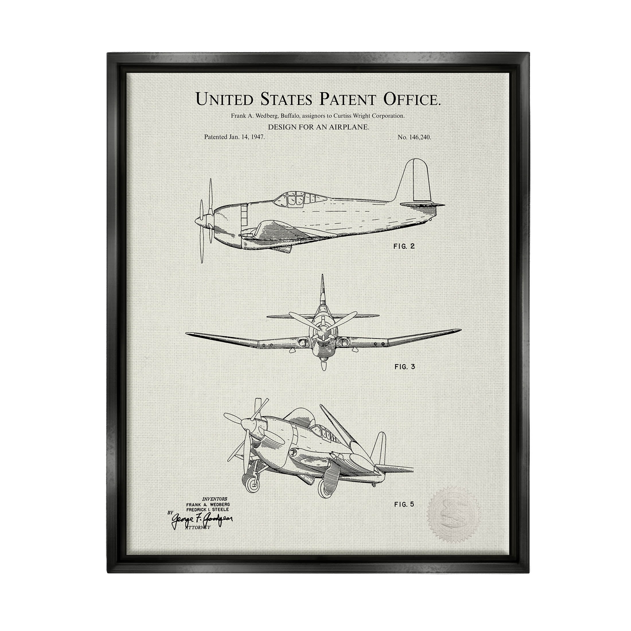 Stupell Industries Detailed Vintage Plane Patent Graphic Art Jet Black Floating Framed Canvas Print Wall Art, Design by Karl Hronek
