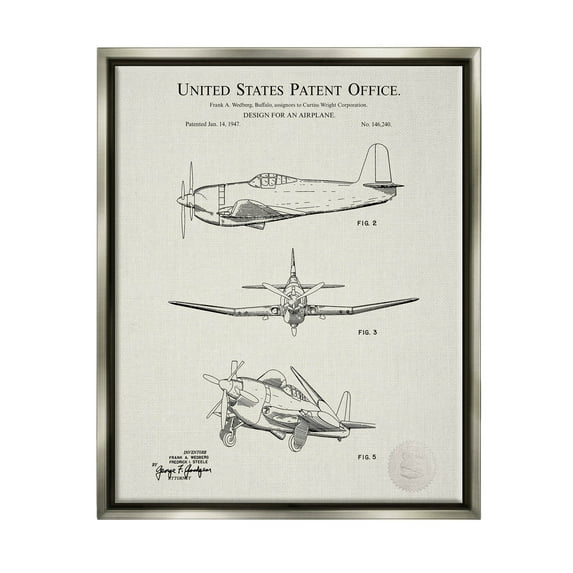 Stupell Industries Detailed Vintage Plane Patent Graphic Art Luster Gray Floating Framed Canvas Print Wall Art, Design by Karl Hronek
