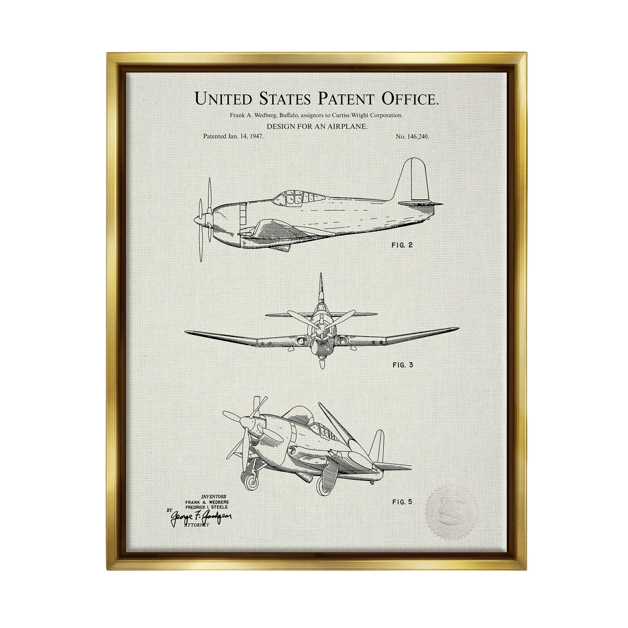 Stupell Industries Detailed Vintage Plane Patent Graphic Art Metallic Gold Floating Framed Canvas Print Wall Art, Design by Karl Hronek