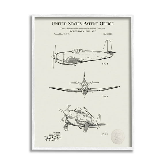 Stupell Industries Detailed Vintage Plane Patent Graphic Art White Framed Art Print Wall Art, Design by Karl Hronek