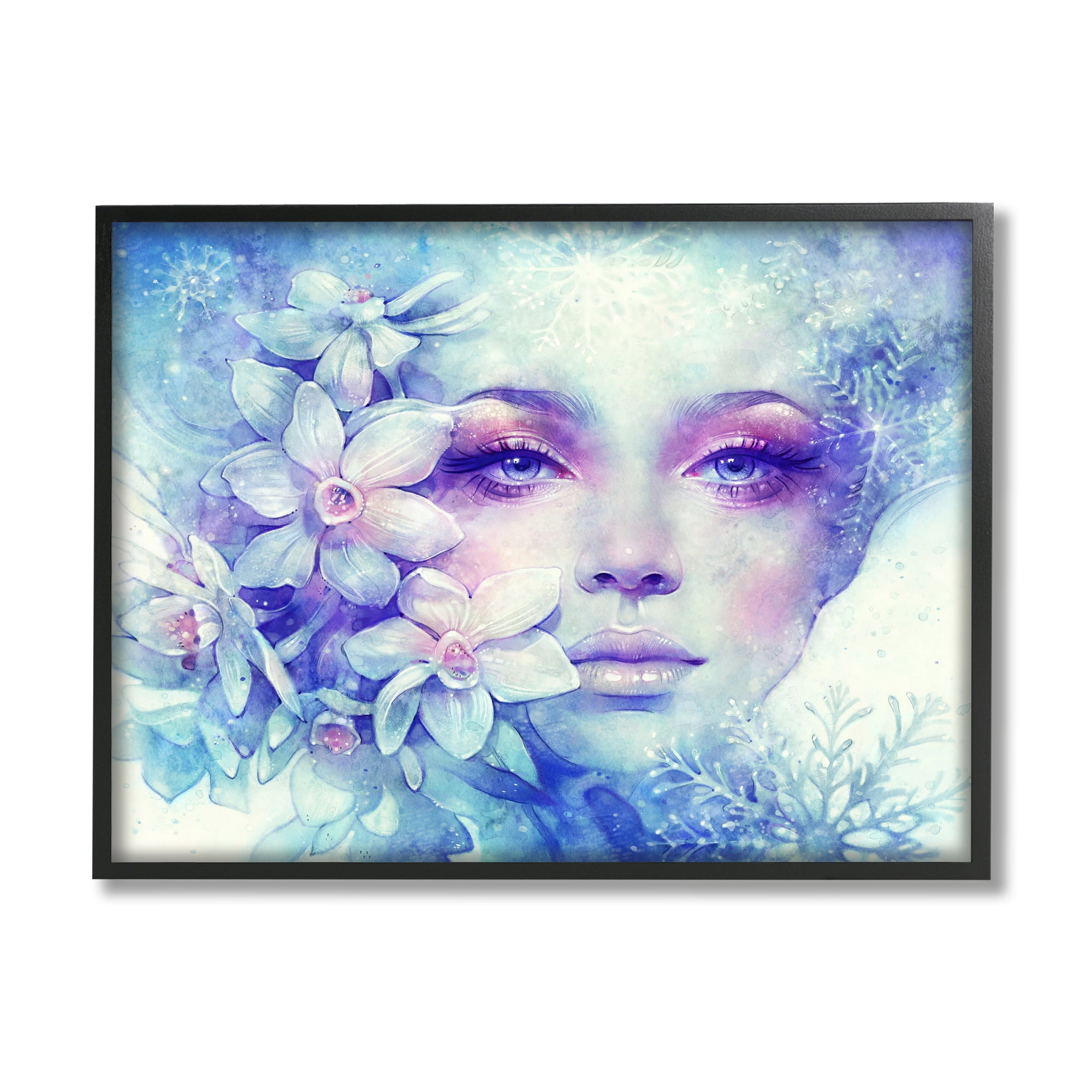 Detailed Woman Purple Makeup Floral Bouquet Snowflakes Botanical & Floral Painting Framed Art Print Wall Art