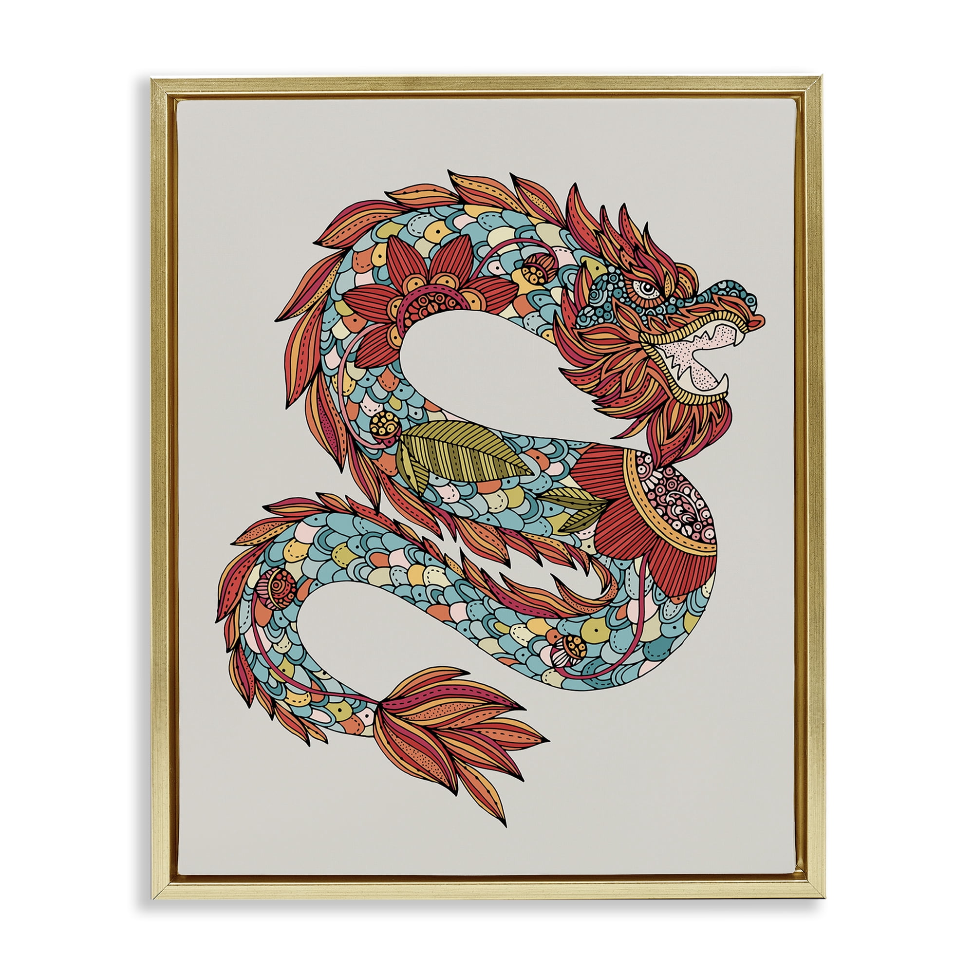 Stupell Industries Detailed Year of Dragon Fairy Tales & Fantasy Painting Gold Floater Framed Canvas Art Print Wall Art, 25 x 31