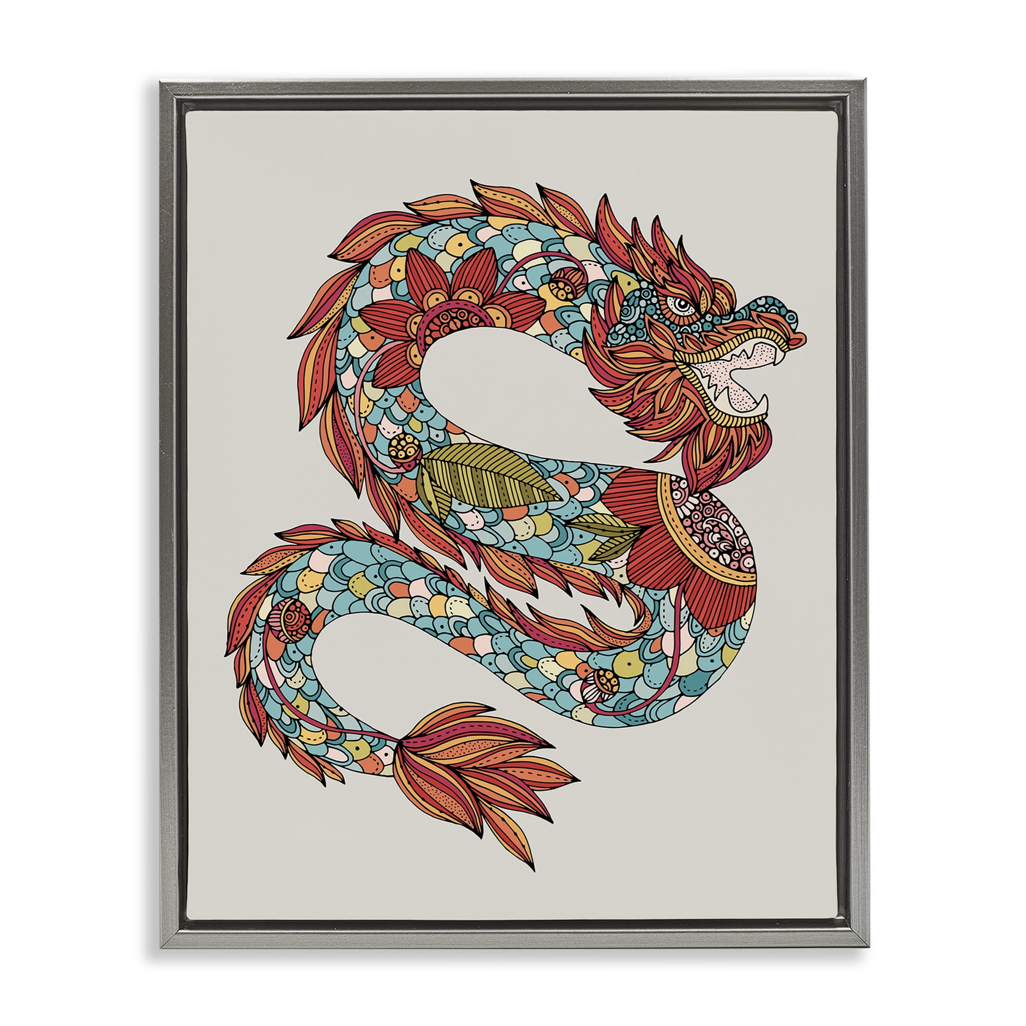 Stupell Industries Detailed Year of Dragon Fairy Tales & Fantasy Painting Gray Floater Framed Canvas Art Print Wall Art, 17 x 21