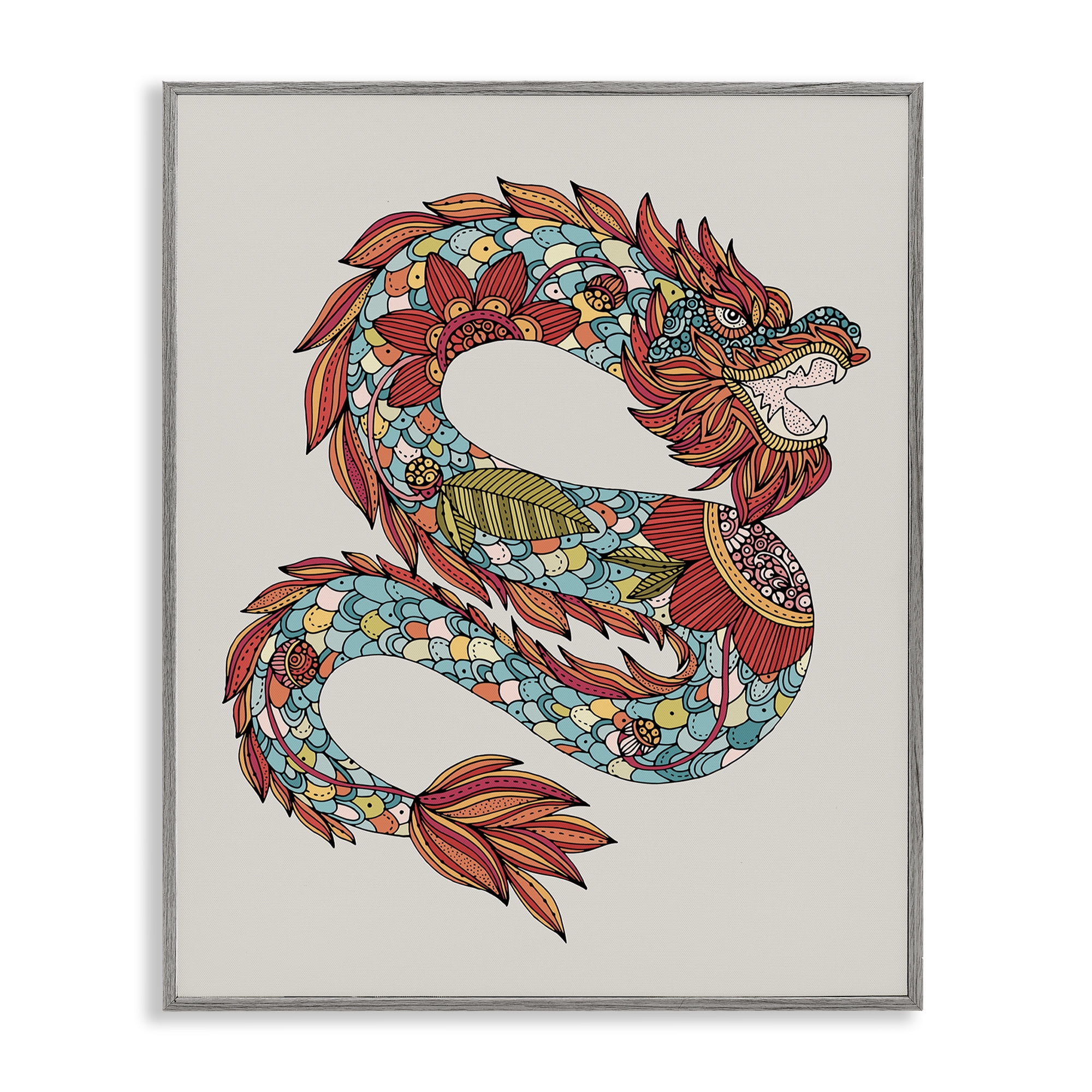Stupell Industries Detailed Year of Dragon Fairy Tales & Fantasy Painting Gray Framed Art Print Wall Art, 16 x 20
