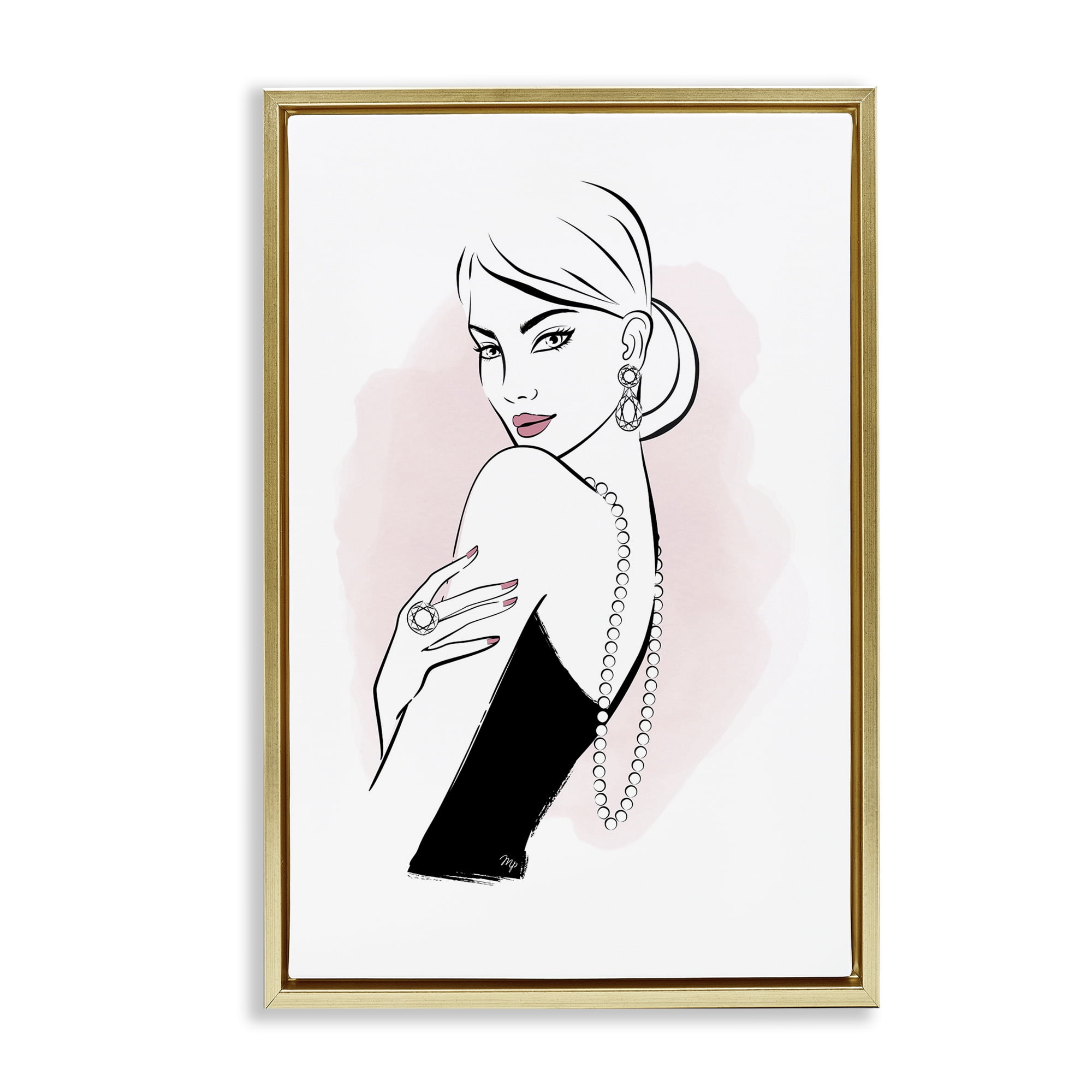 Stupell Industries Diamond Jewelry Girl Novelty Painting Gold Floater Framed Art Print Wall Art, 21 x 31