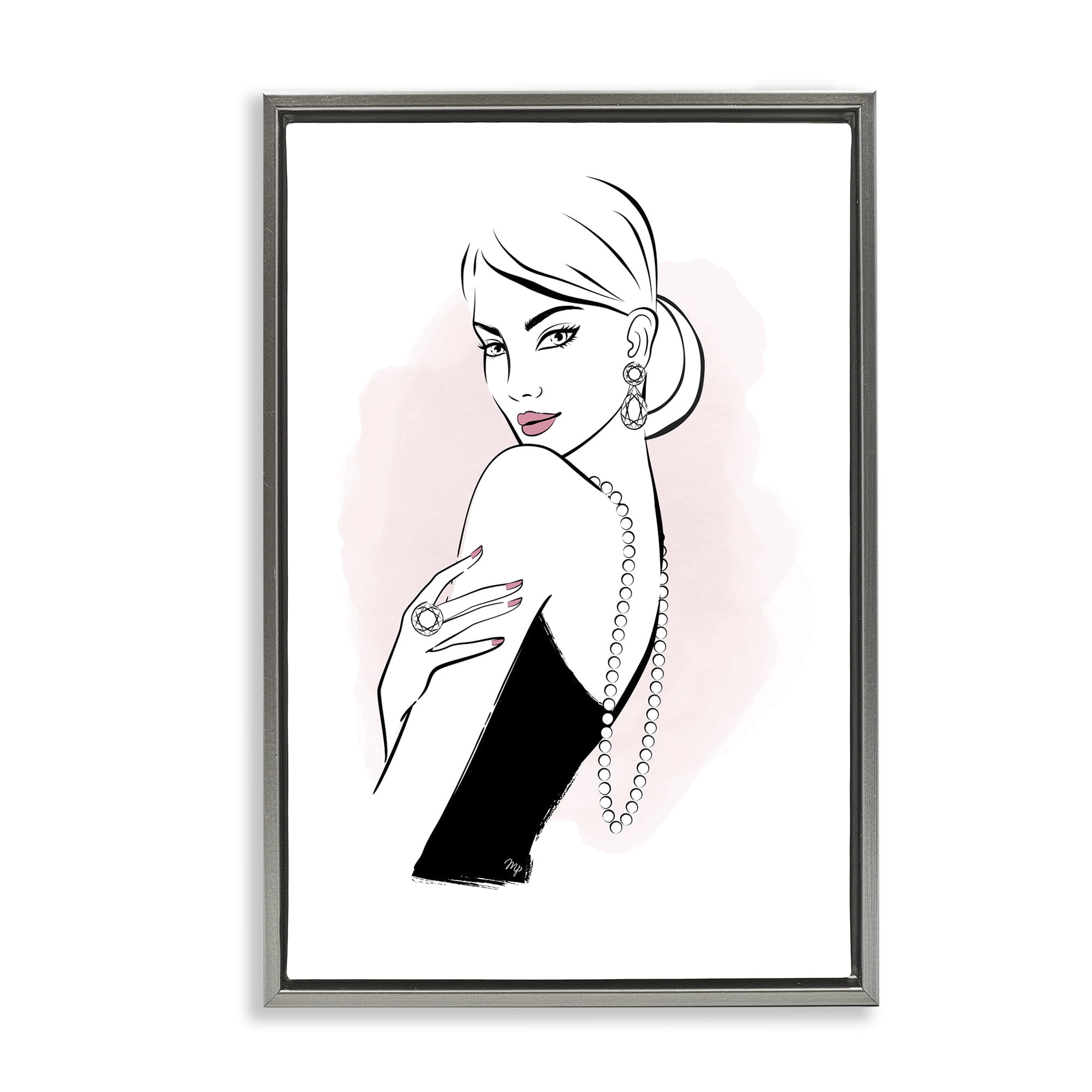 Stupell Industries Diamond Jewelry Girl Novelty Painting Gray Floater Framed Art Print Wall Art, 21 x 31