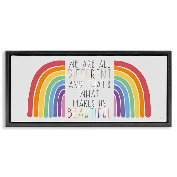 Stupell Industries Different Is Beautiful Rainbow Inspirational Painting Black Floater Framed Canvas Art Print Wall Art, 25 x 11